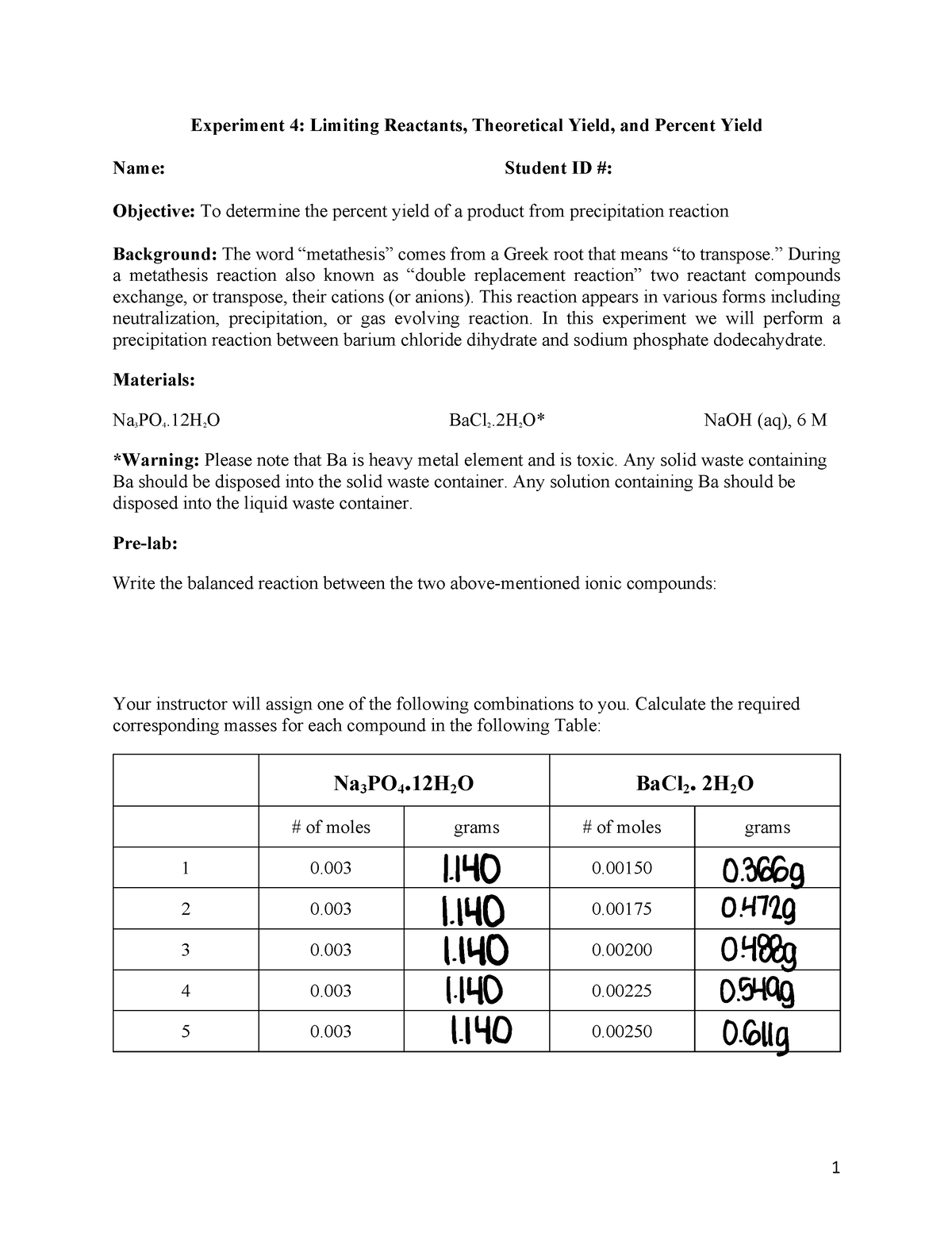 EXP+4+-+Stoichiometry - Experiment 4: Limiting Reactants, Theoretical ...