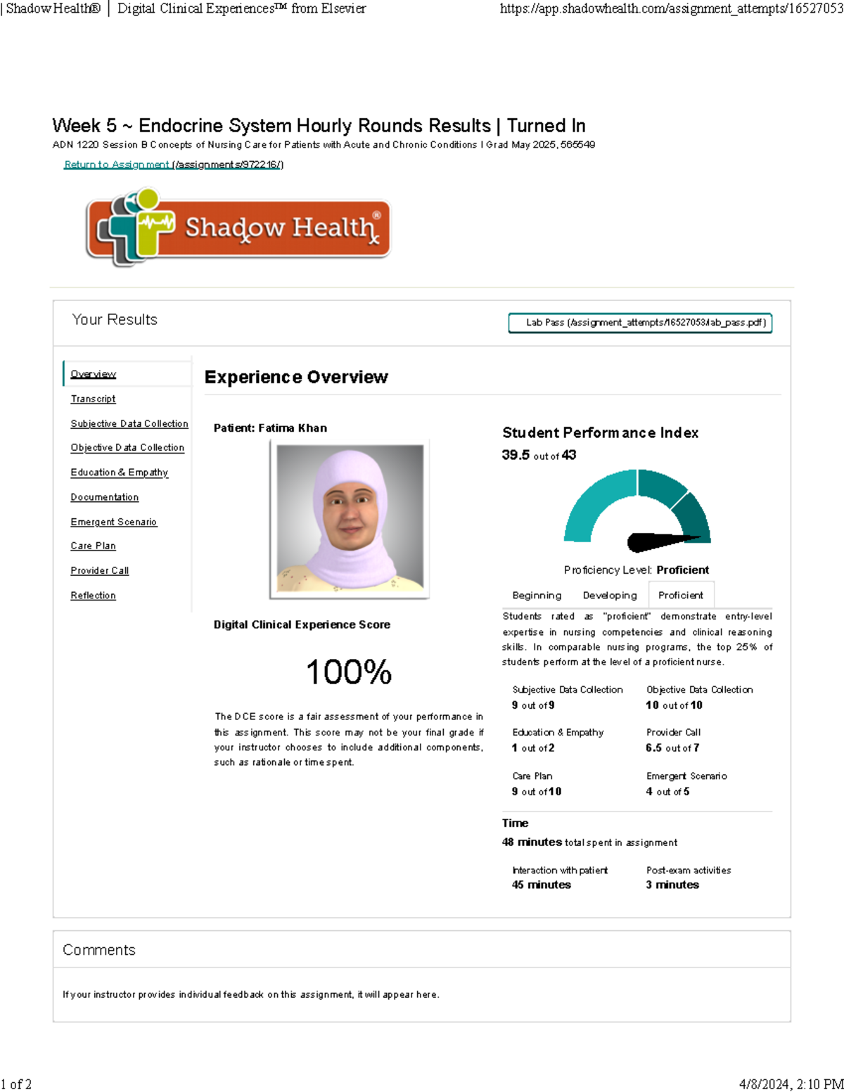 Shadow Health Patient Fatima Khan Overview Week 5 Endocrine System