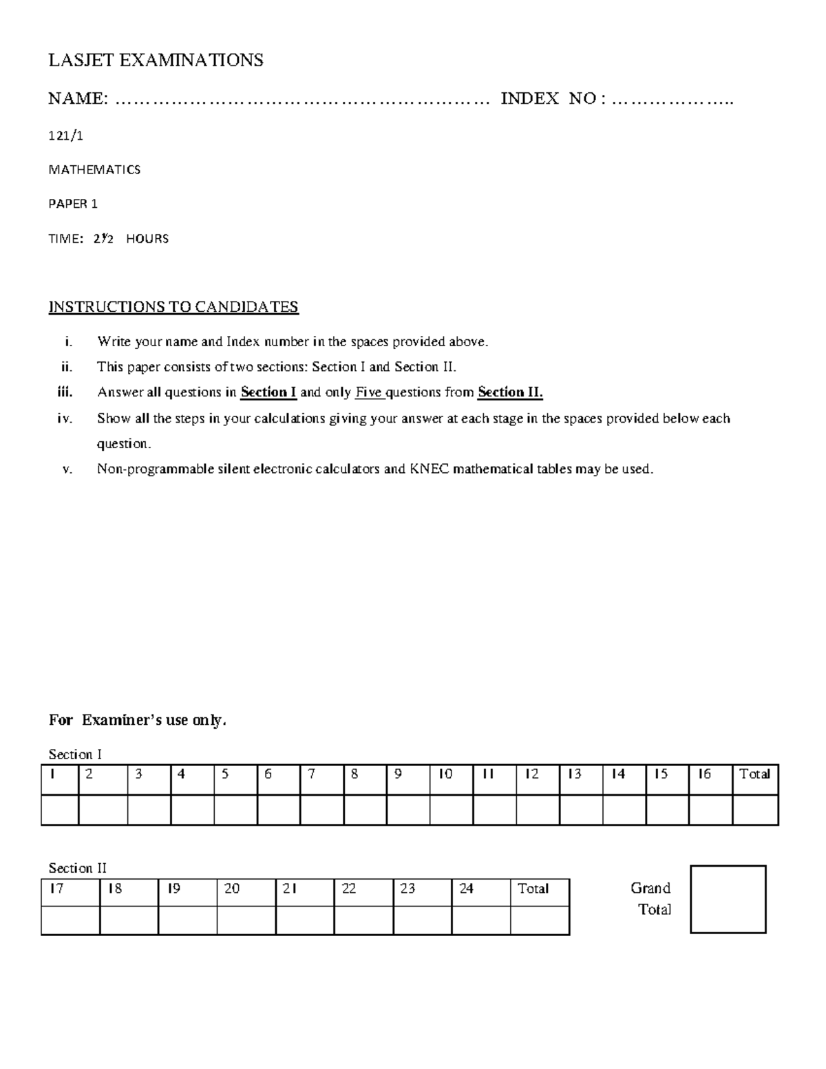 F4 MAT PP1 Lasjet - LASJET EXAMINATIONS NAME: - Studocu