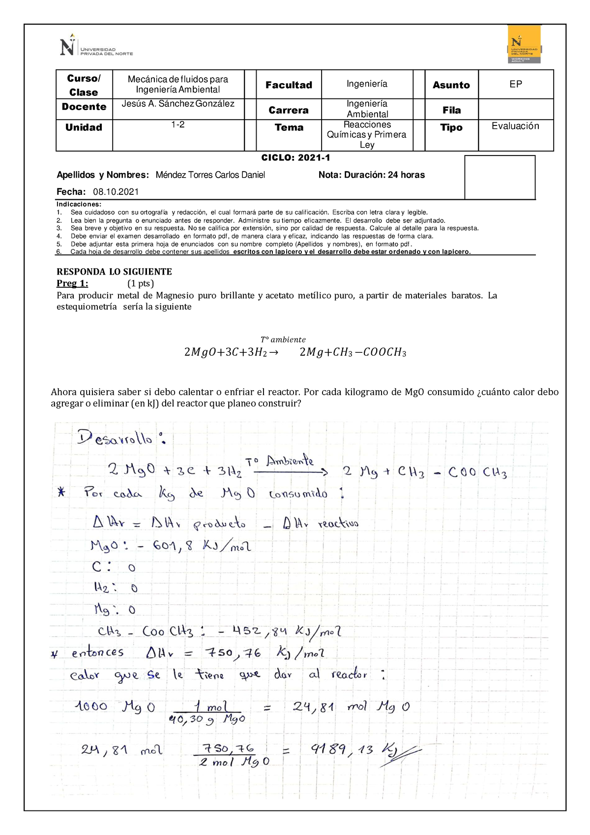 Examen Parcial DE Mecanica DE Fluidos - Curso/ Clase Mecánica De ...