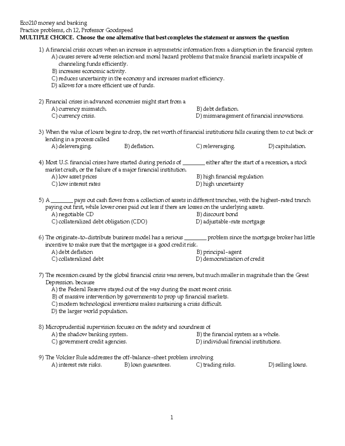 Online eco 210 practice problems chapter 12 - Eco210 money and banking ...