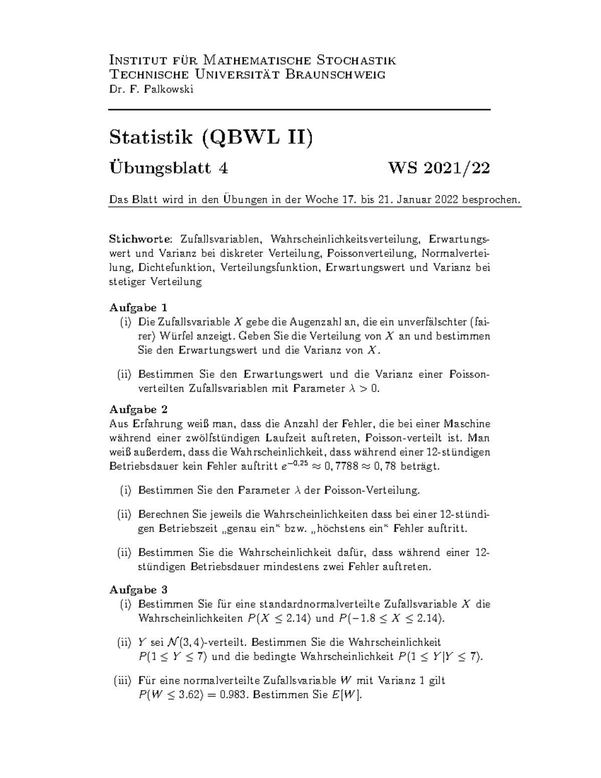 Institut Für Mathematische Stochastik Übungsblatt 4 QBWL WS21-22 - Institut f ̈ur Mathematische Stochastik