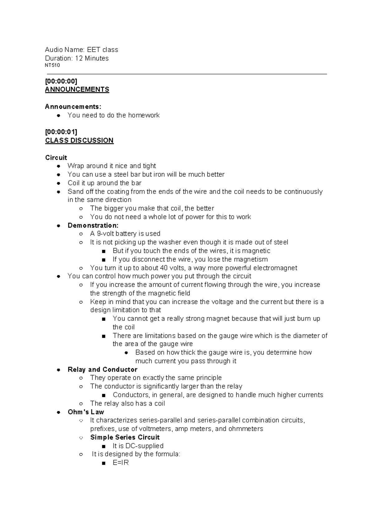 EET class notes - Audio Name: EET class Duration: 12 Minutes NT [00:00: ...