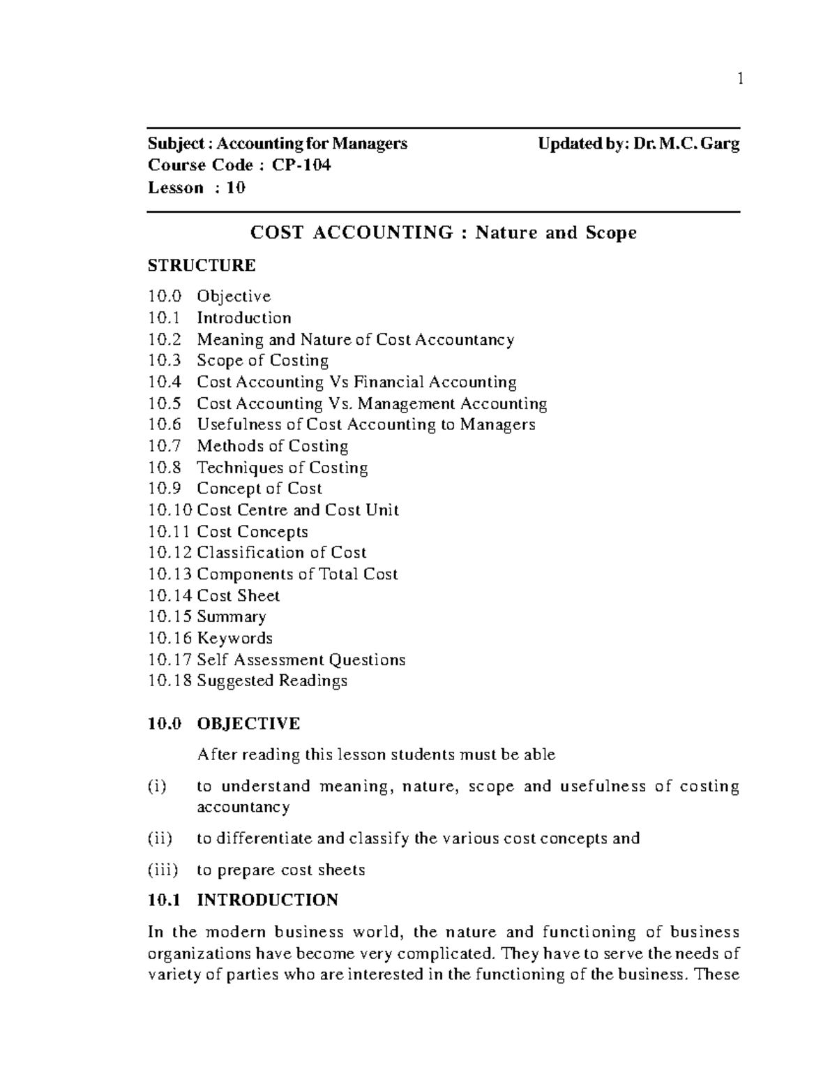 COST ACCOUNTING Nature and Scope Subject Accounting for Managers