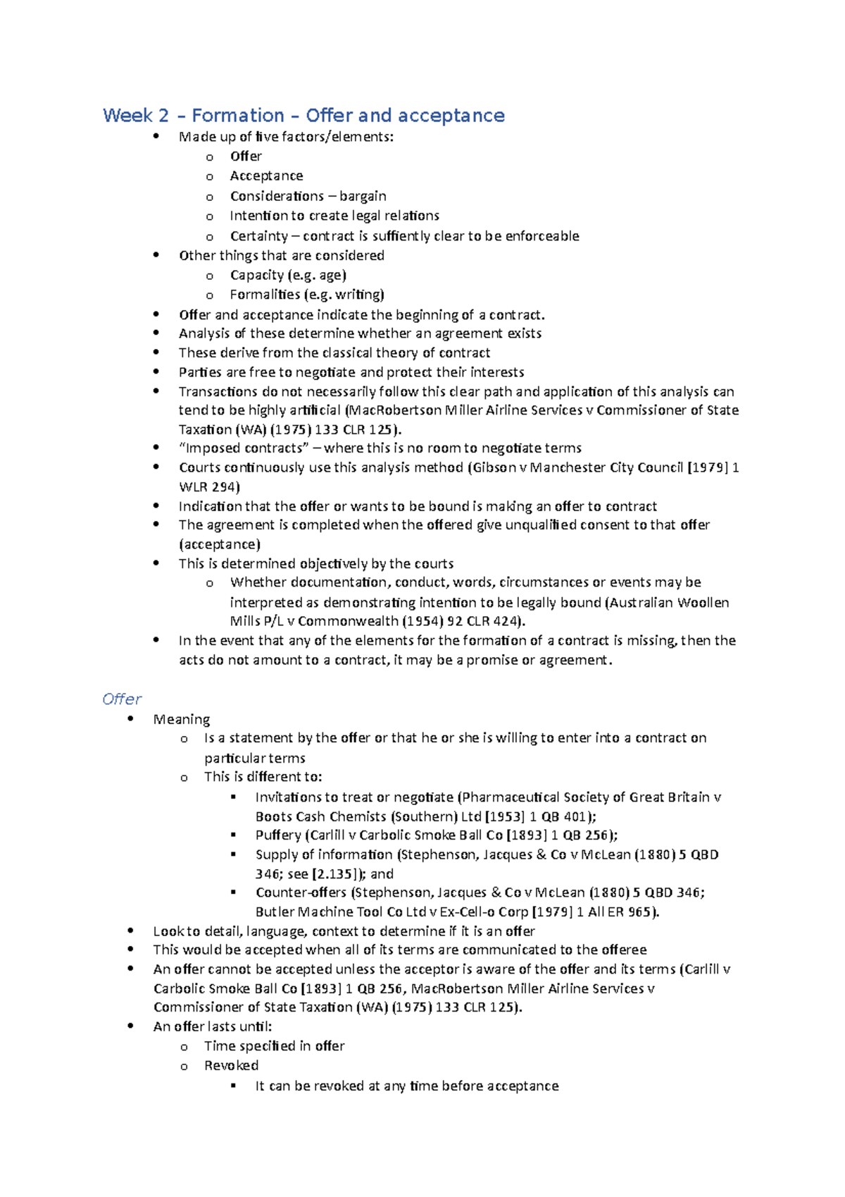 Week 2 Offer and Acceptance Contract Notes - Week 2 – Formation – Offer ...