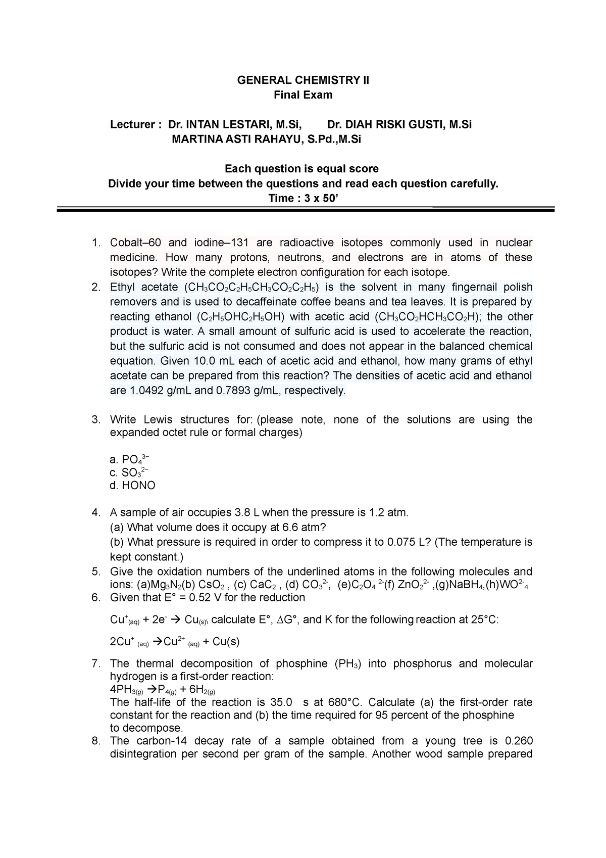 General Chemistry EXAM Updated 03 Oktober 2022 - GENERAL CHEMISTRY II ...