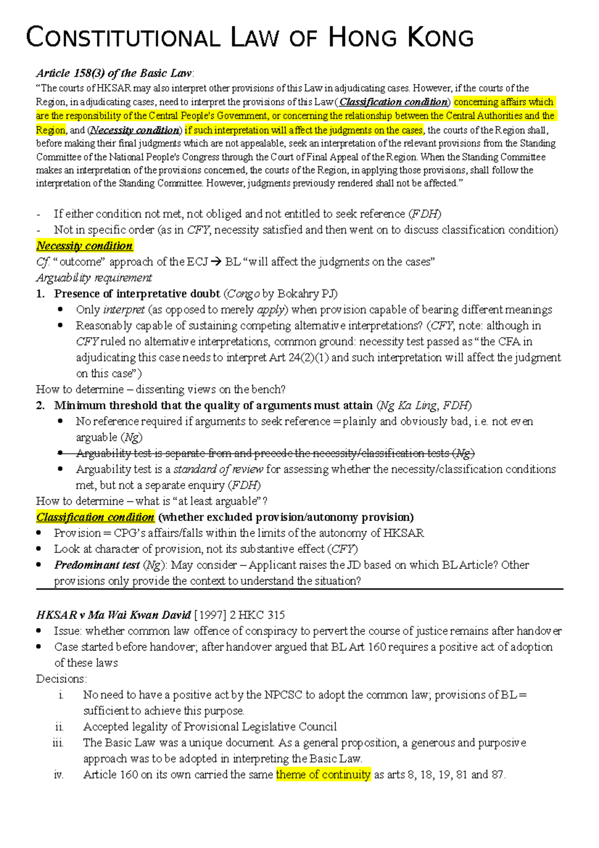 Cons Final Exam Notes CONSTITUTIONAL LAW OF HONG KONG Article 158(3