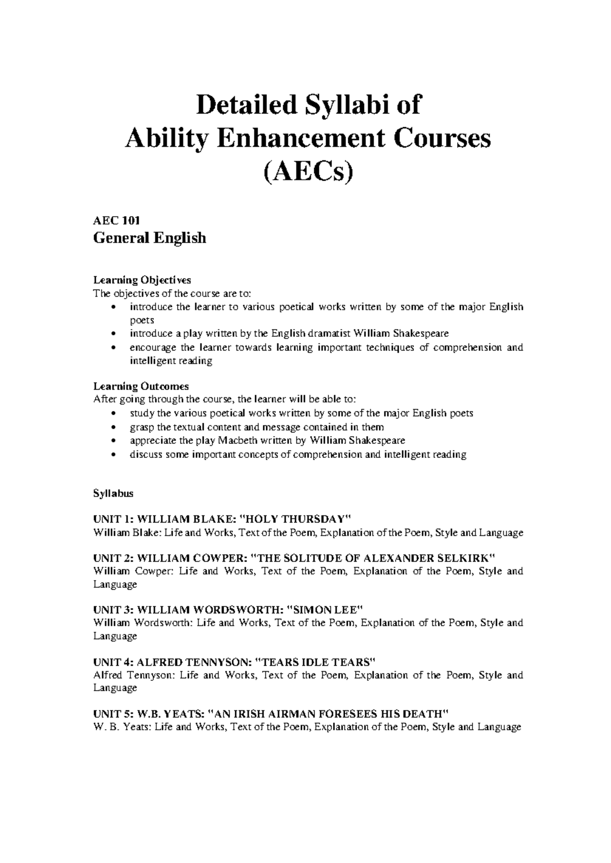 General English - Project - Detailed Syllabi of Ability Enhancement ...
