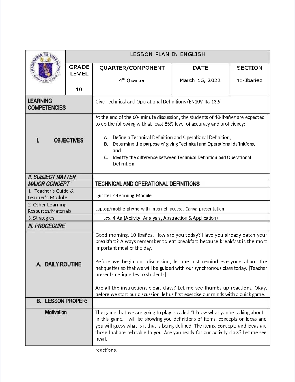 Pdf kenoh lesson plan in english 10 technical operational definition ...