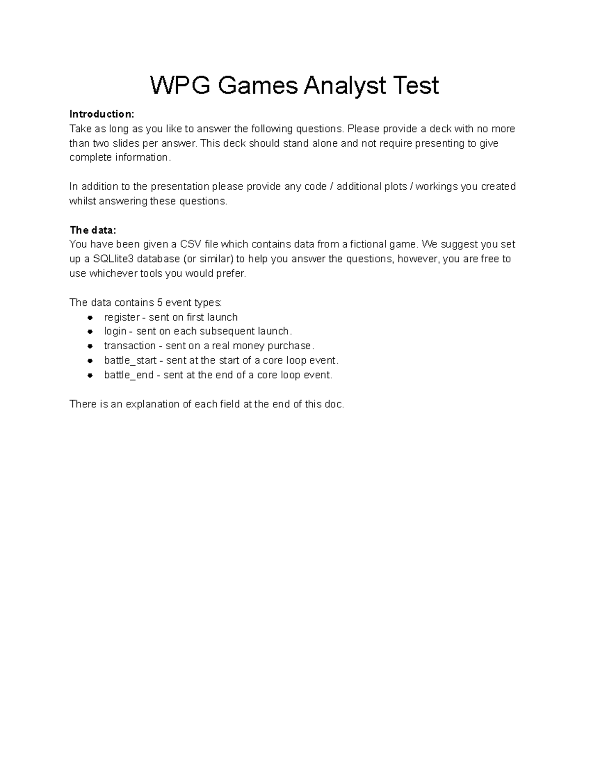 WPG Games Analyst Test WPG Games Analyst Test Introduction Take as