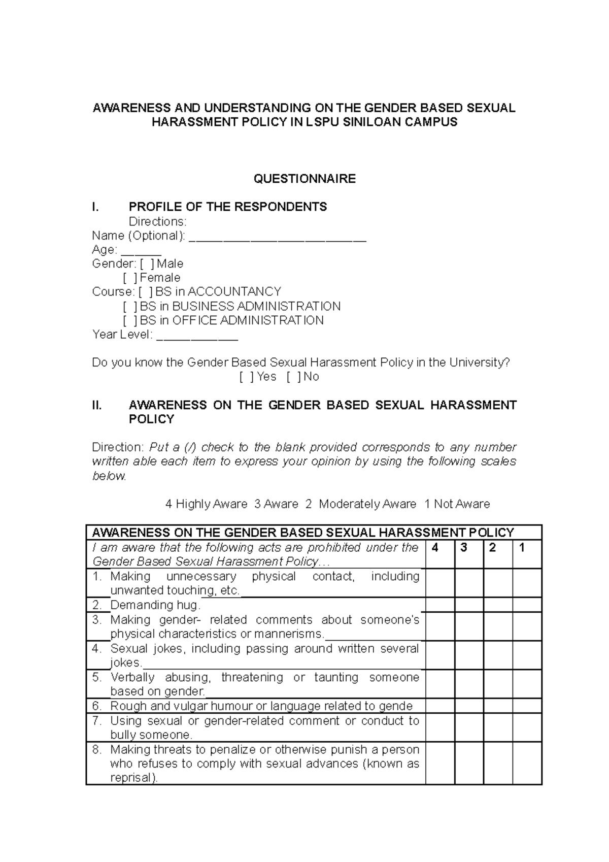 Questionnaire 1 Sample Questioner Awareness And Understanding On The Gender Based Sexual 3593