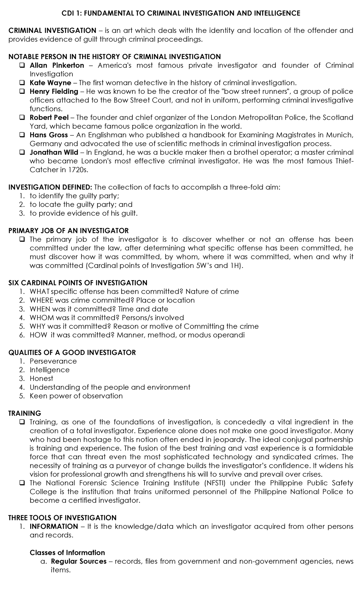 CDI 1 Fundamental TO Criminal Investigation AND Intelligence CDI 1 