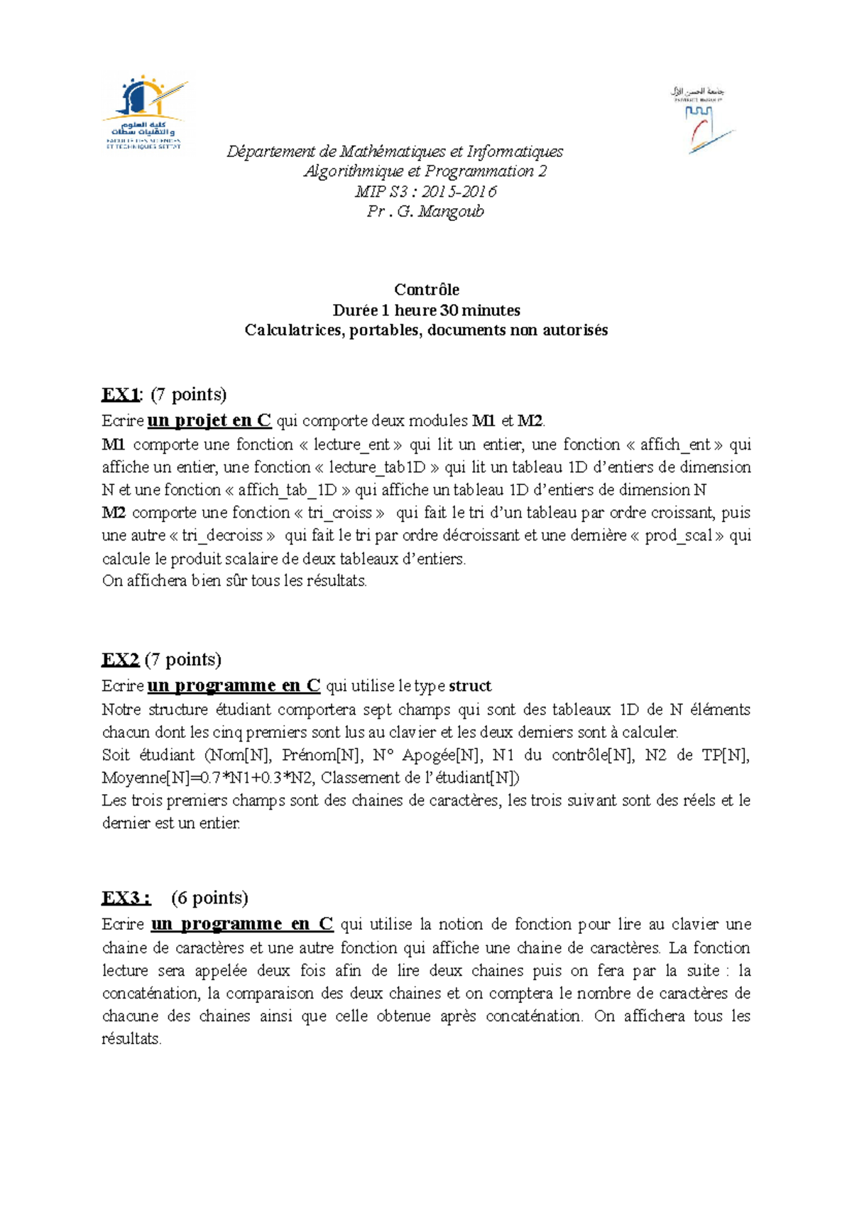 Controle Alg prog2 15 16 - Département de Mathématiques et ...