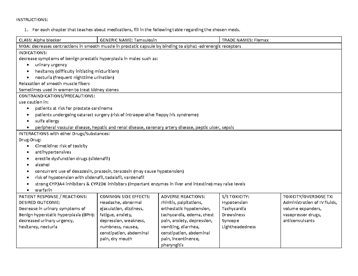 Tamsulosin Med Card - INSTRUCTIONS: For each chapter that teaches about ...