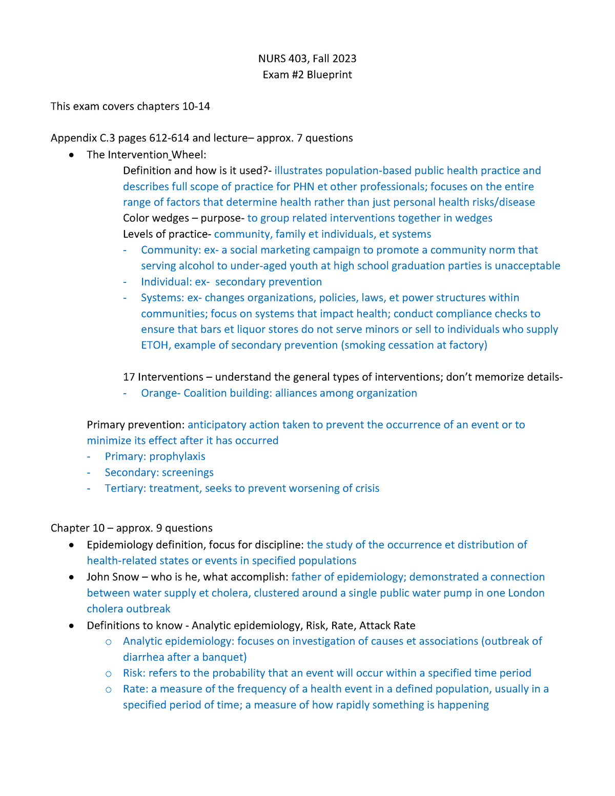 Community Exam 2 - NURS 403, Fall 202 3 Exam #2 Blueprint This Exam ...