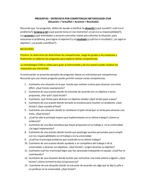 Modelo - Preguntas por competencias - STAR - PREGUNTAS – ENTREVISTA POR  COMPETENCIAS METODOLOGÕA - Studocu