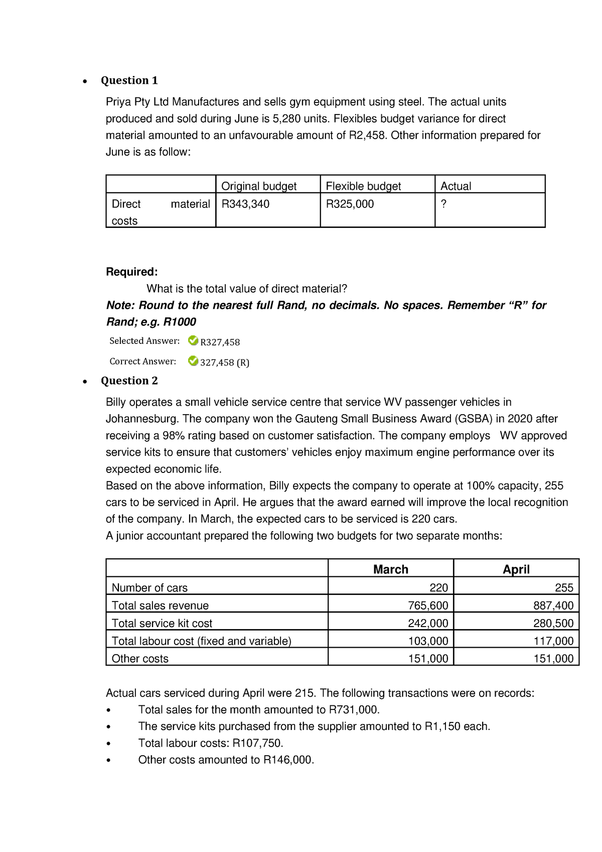 CFM TEST 2 - Cost and Financial Management Exam - • Question 1 Priya ...