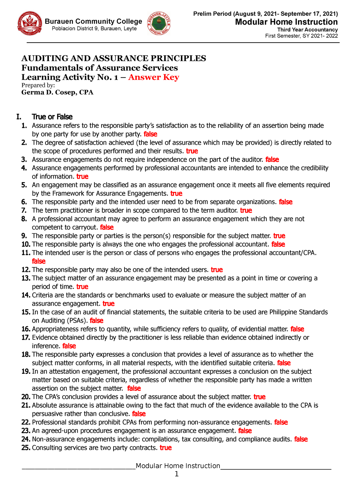 Auditing And Assurance Principles LA No. 1 - AUDITING AND ASSURANCE ...