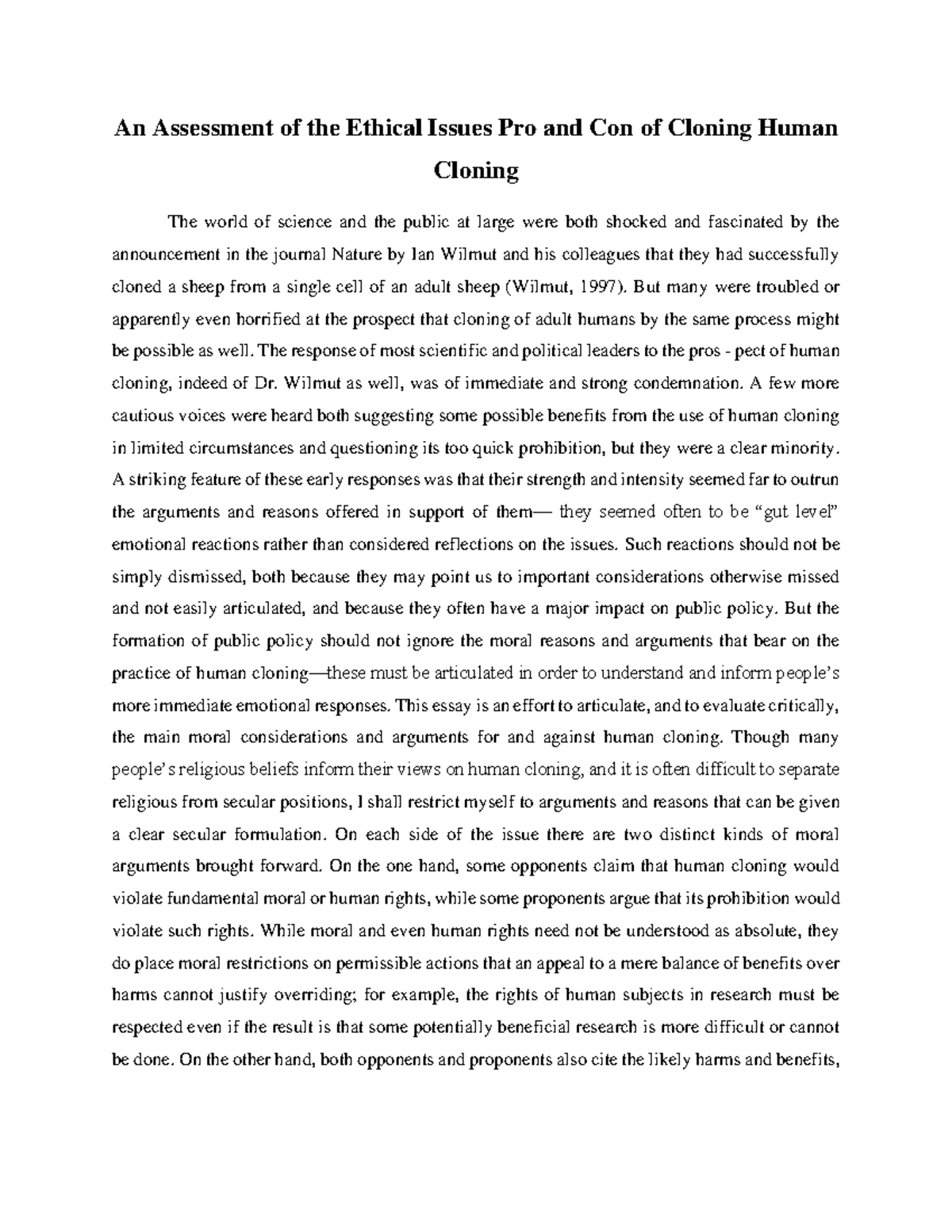 An Assessment of the Ethical Issues Pro and Con of Cloning Human ...