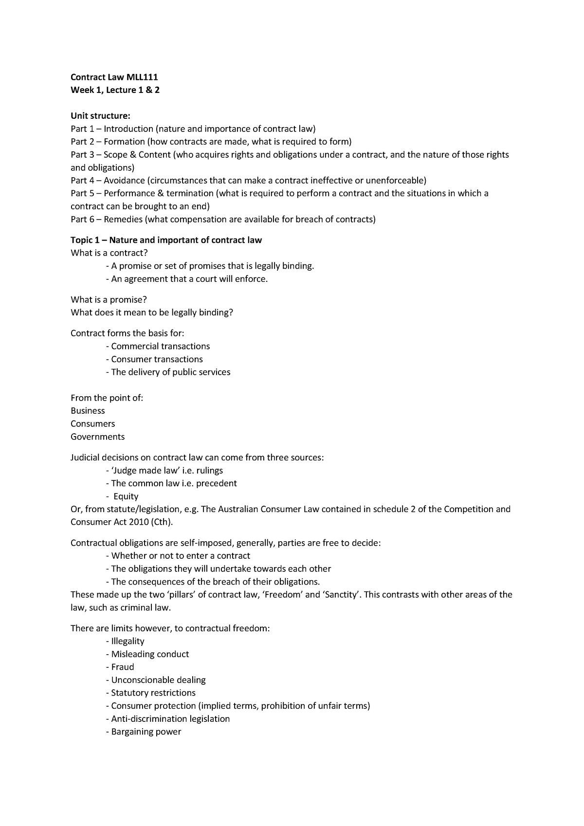 Contract - Lecture Notes - Week 1 - Contract Law MLL Week 1, Lecture 1 ...