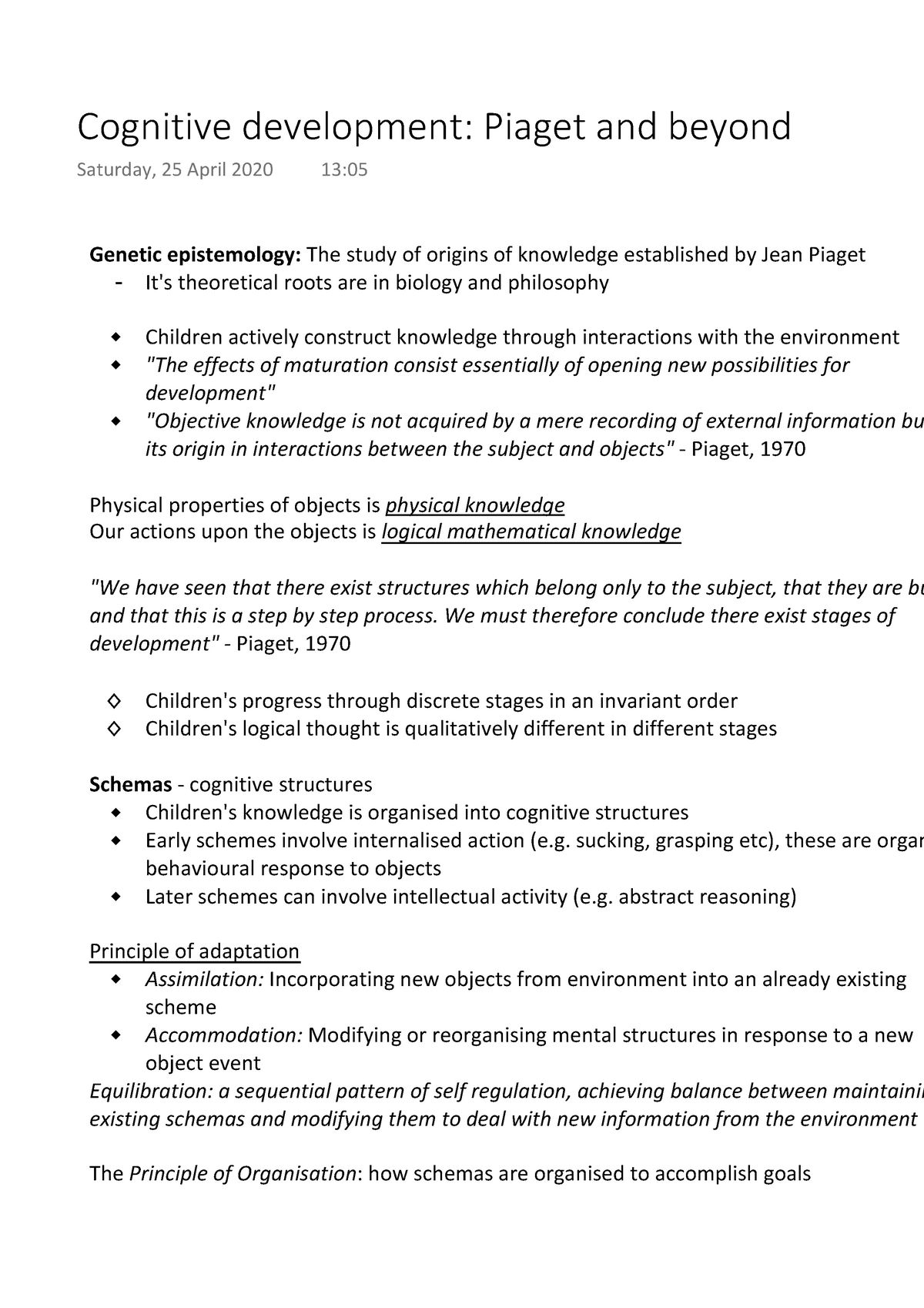 Cognitive development Piaget and beyond Genetic epistemology