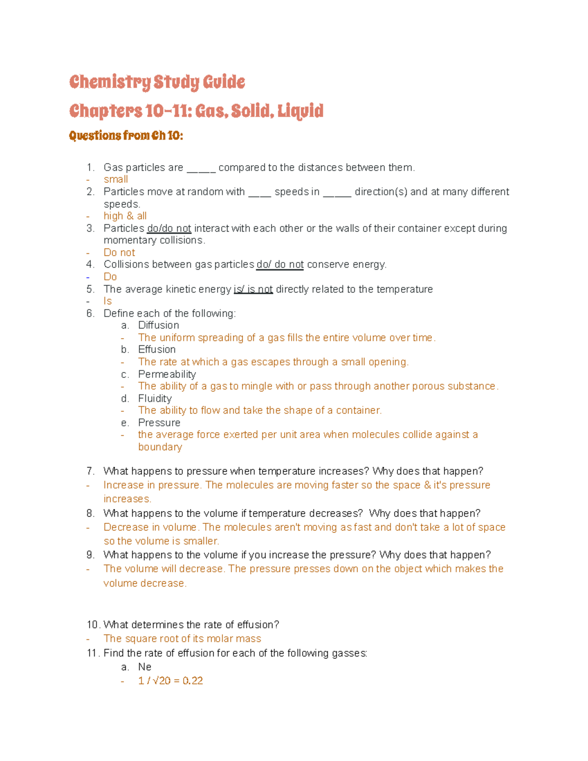 Chemistry Solids, Liquids, Gases Chemistry Study Guide Chapters 1011