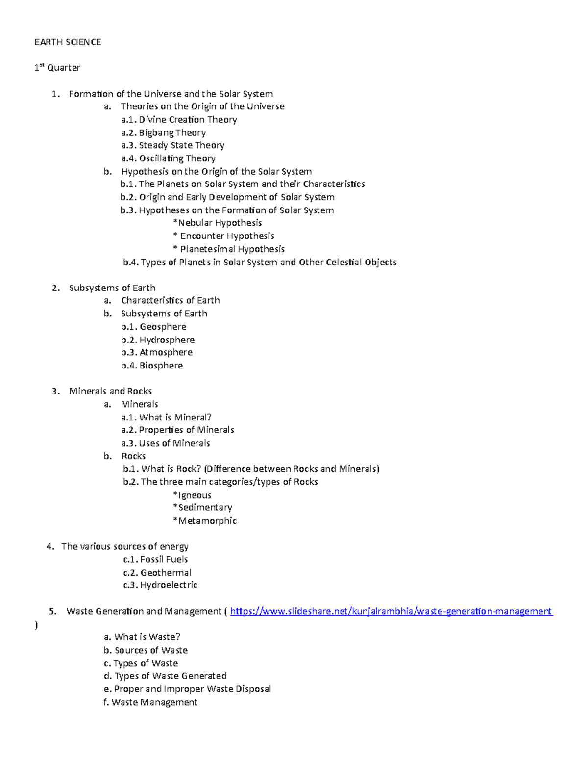 Earth Science Course Outline - EARTH SCIENCE 1 st Quarter Formation of ...