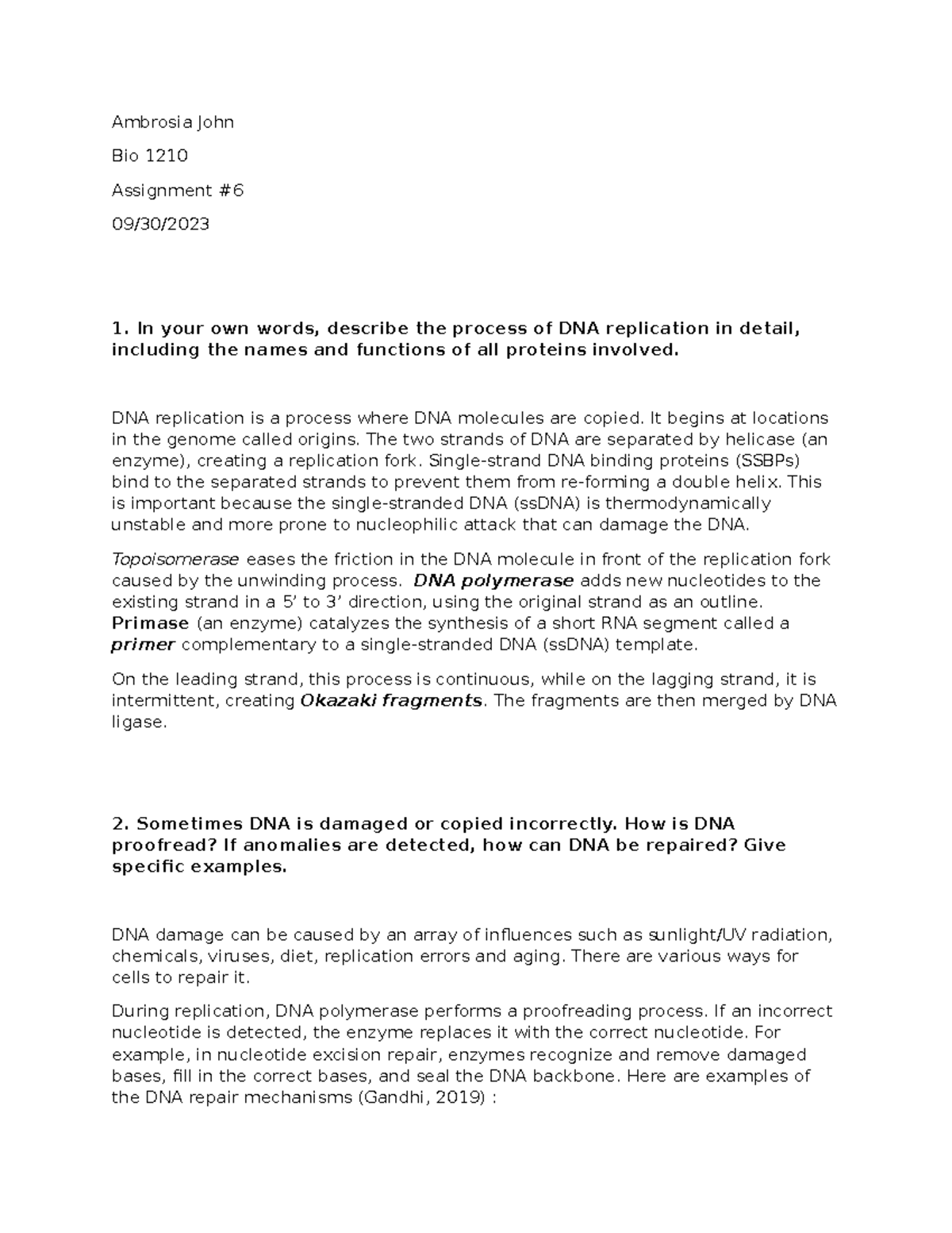 Bio Assignment #6 - S. Kumar - Ambrosia John Bio 1210 Assignment # 09 ...