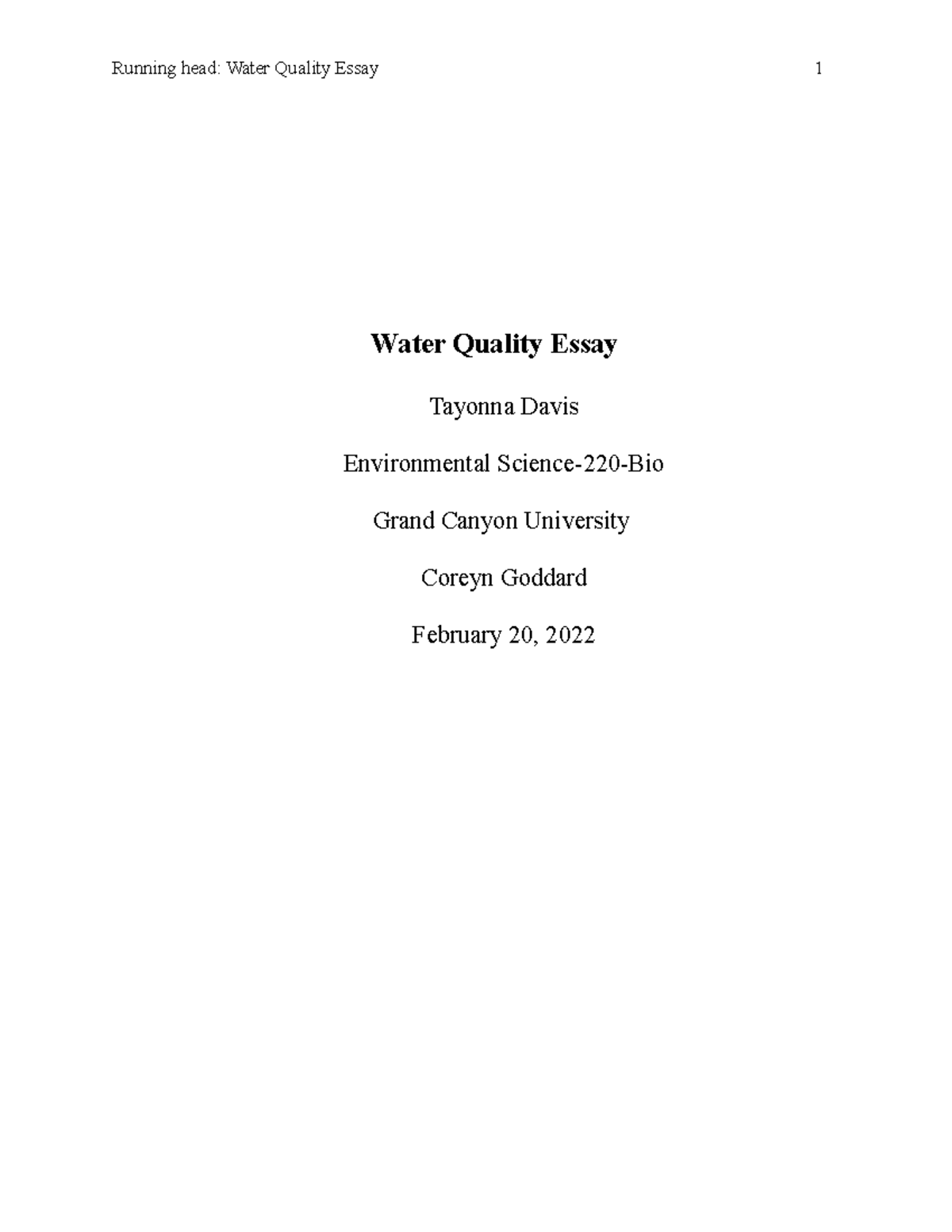 essay of quality of water