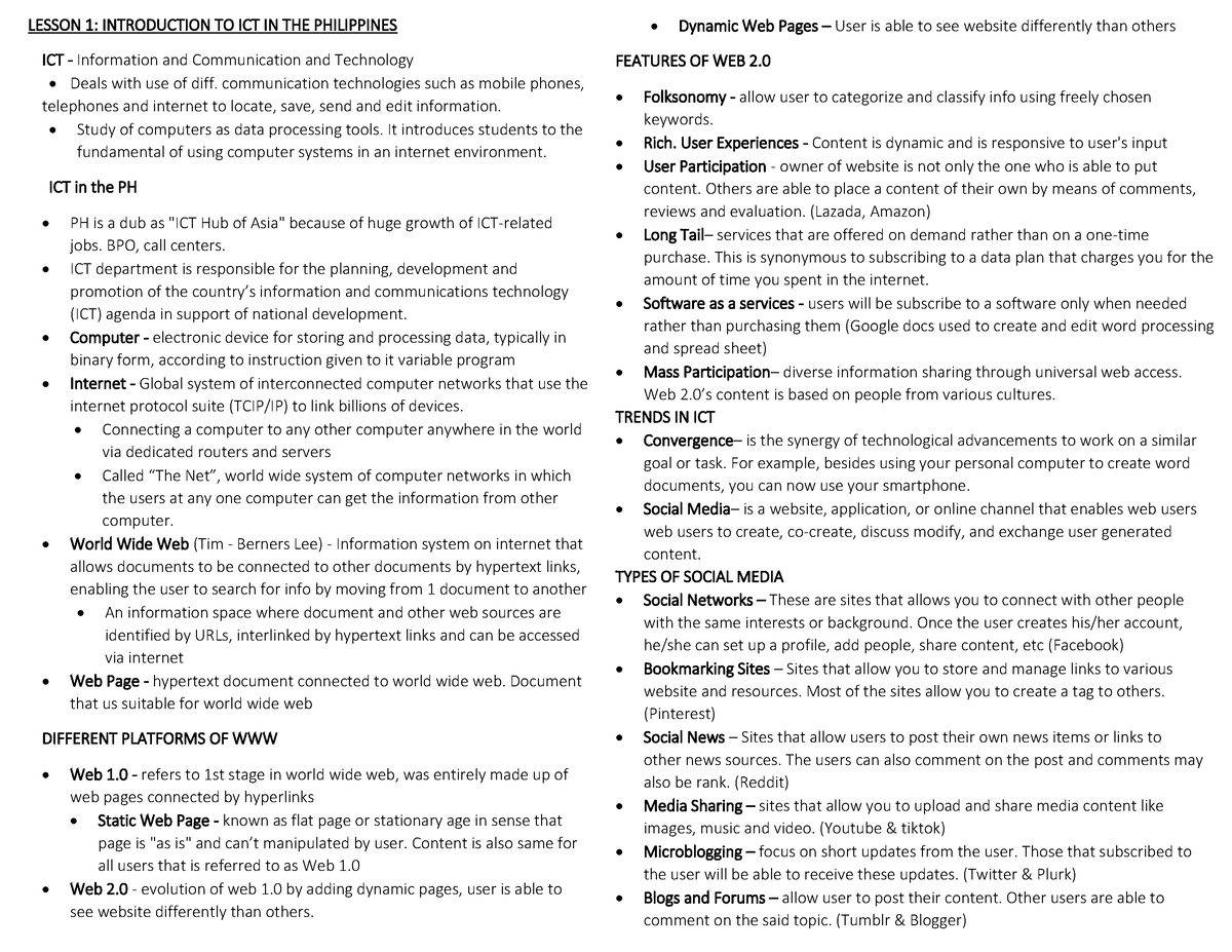 Empowerment Technology NOTES - LESSON 1 : INTRODUCTION TO ICT IN THE ...