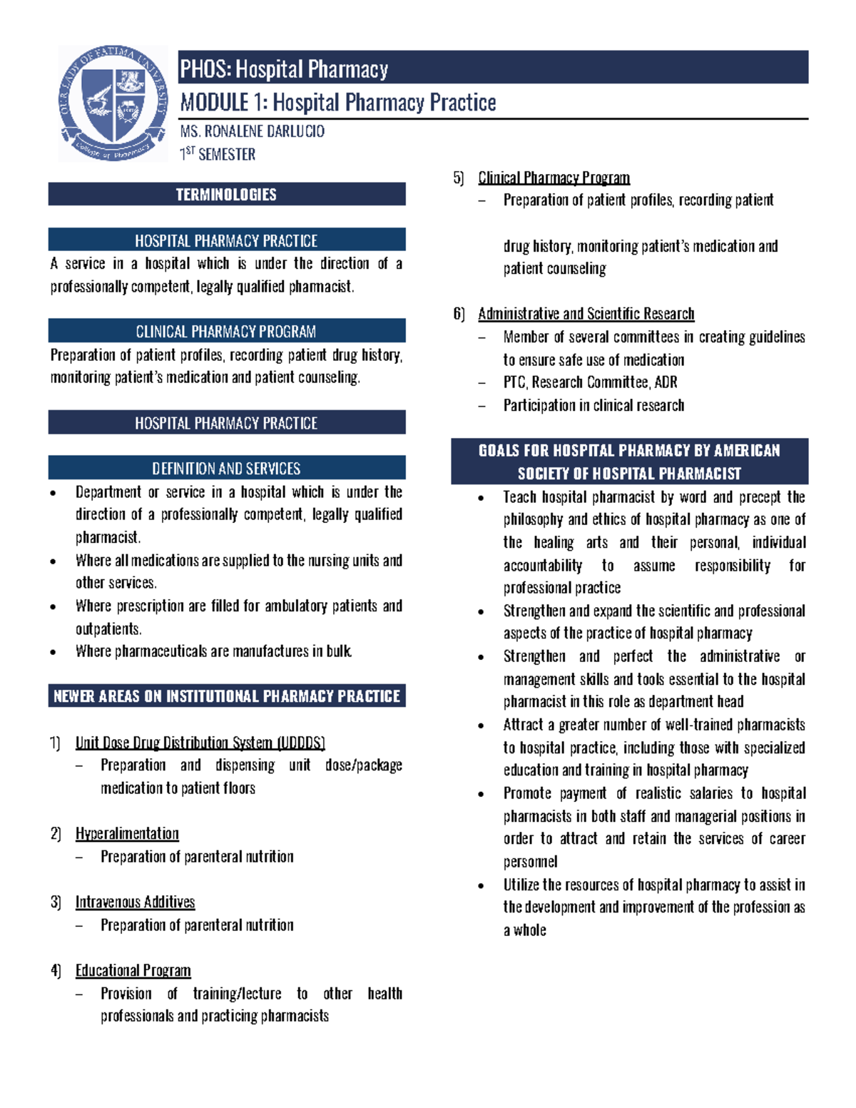 PHOS Module 1 - pdf reviewer - MODULE 1 : Hospital Pharmacy Practice MS ...