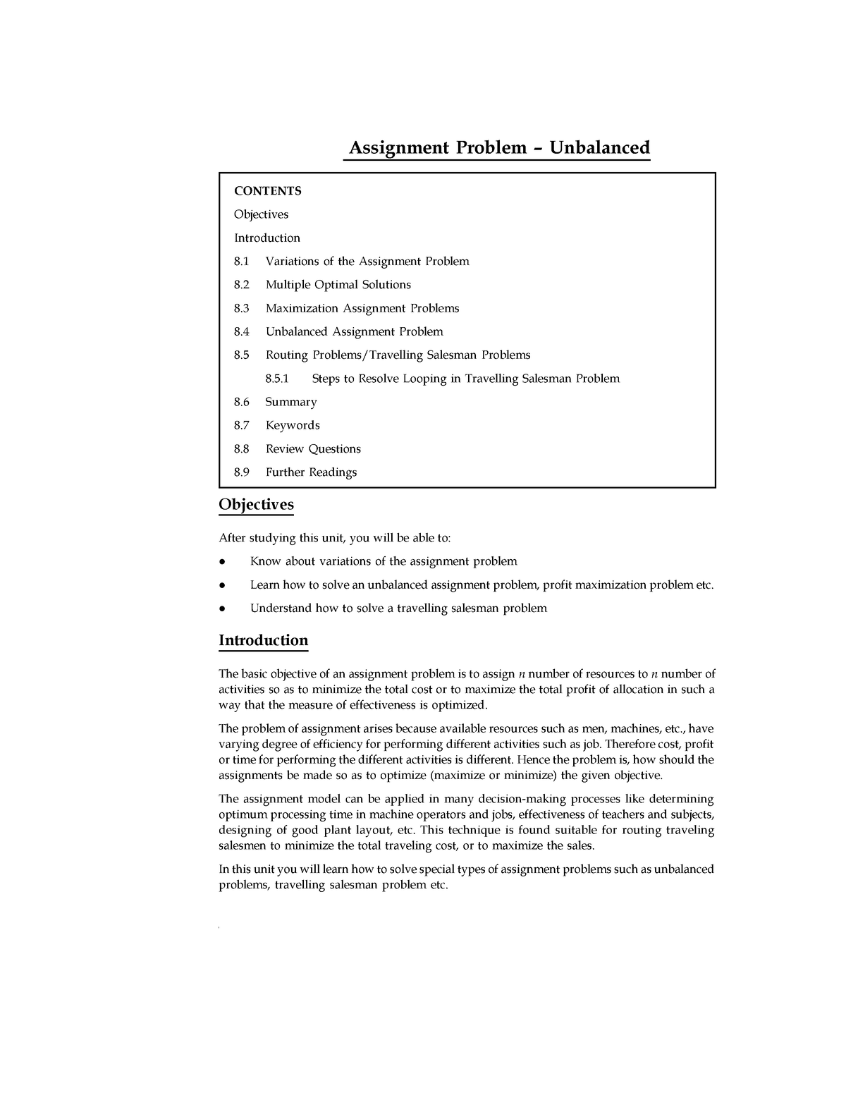 unbalanced assignment problem in operations research