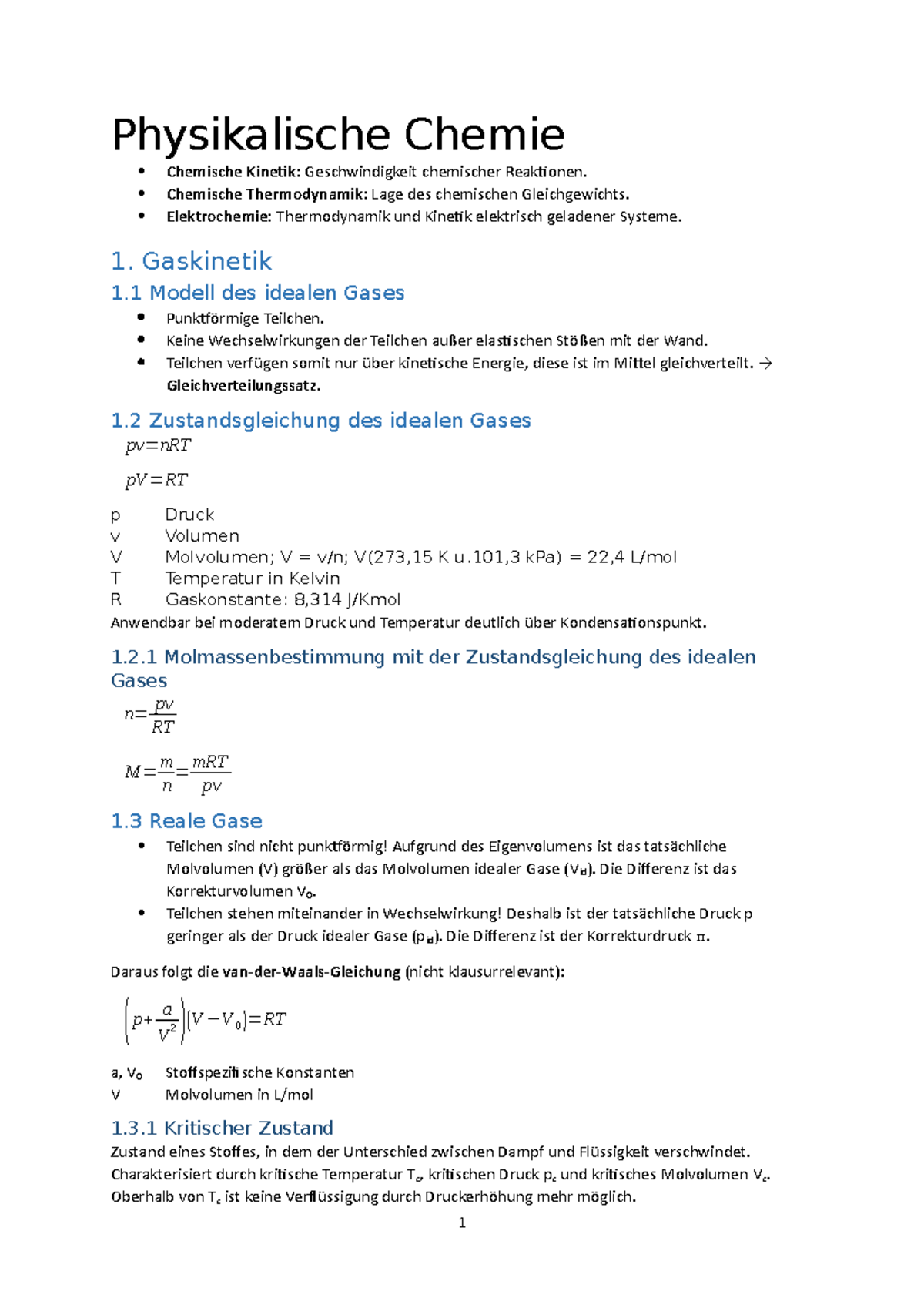 Physikalische Chemie - Zusammenfassung Der Vorlesung. - Physikalische ...