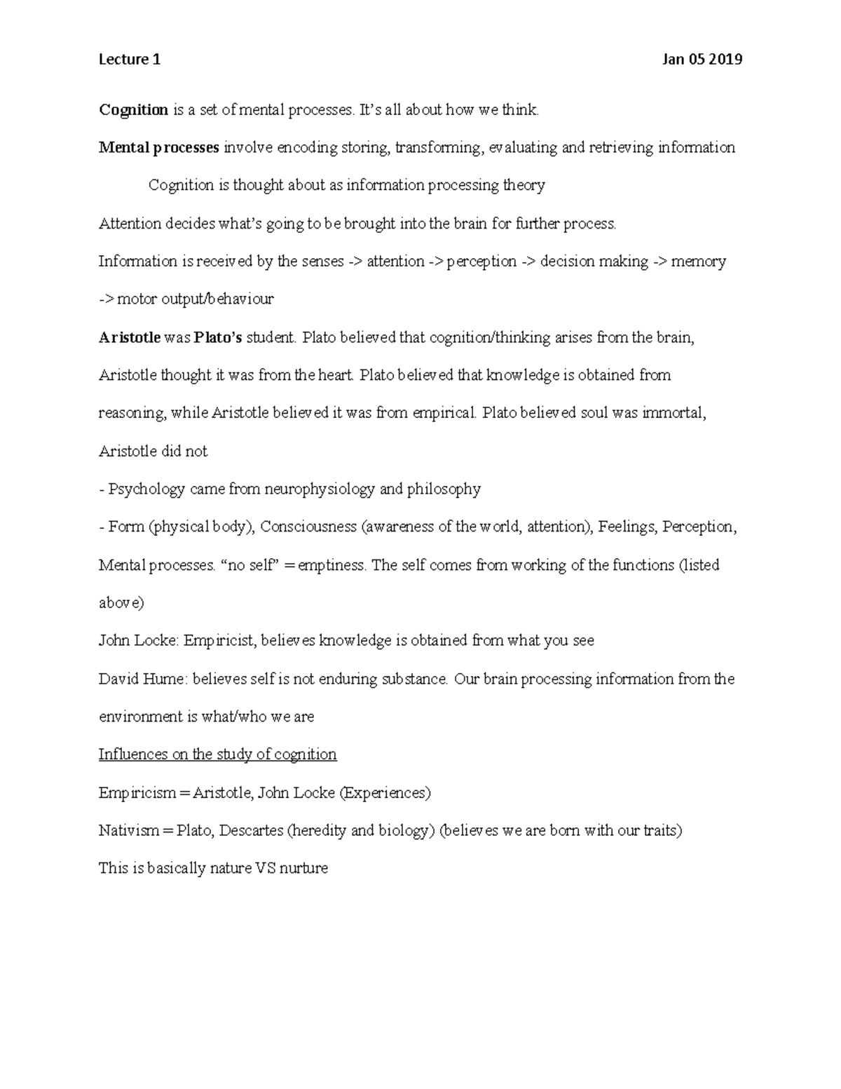 Lecture 1 - Class notes - Lecture 1 Jan 05 2019 Cognition is a set of ...