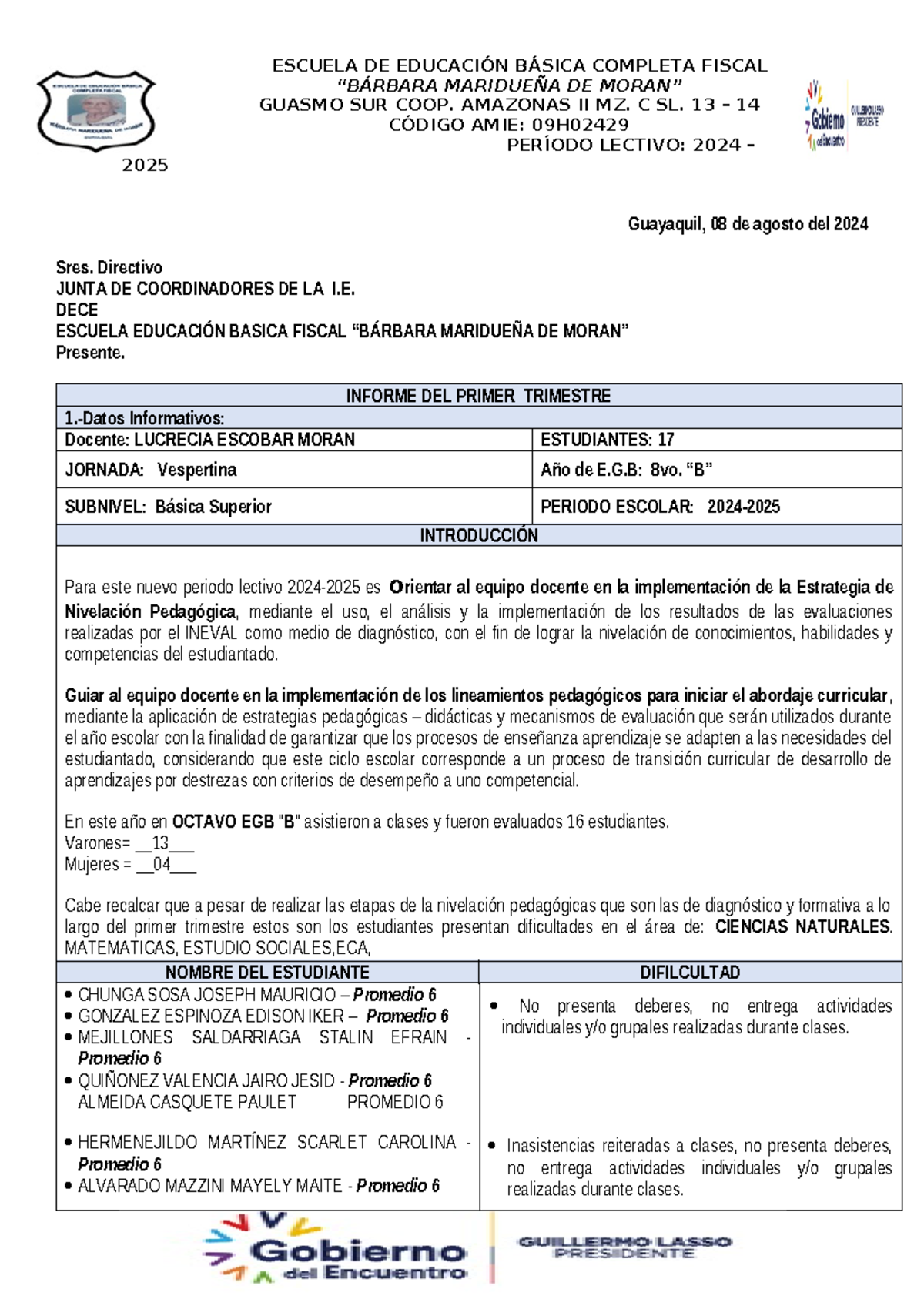 Informe DEL Primer Trimestre Periodo Lectivo 2024-2025 - 8B CCNN y ECA ...