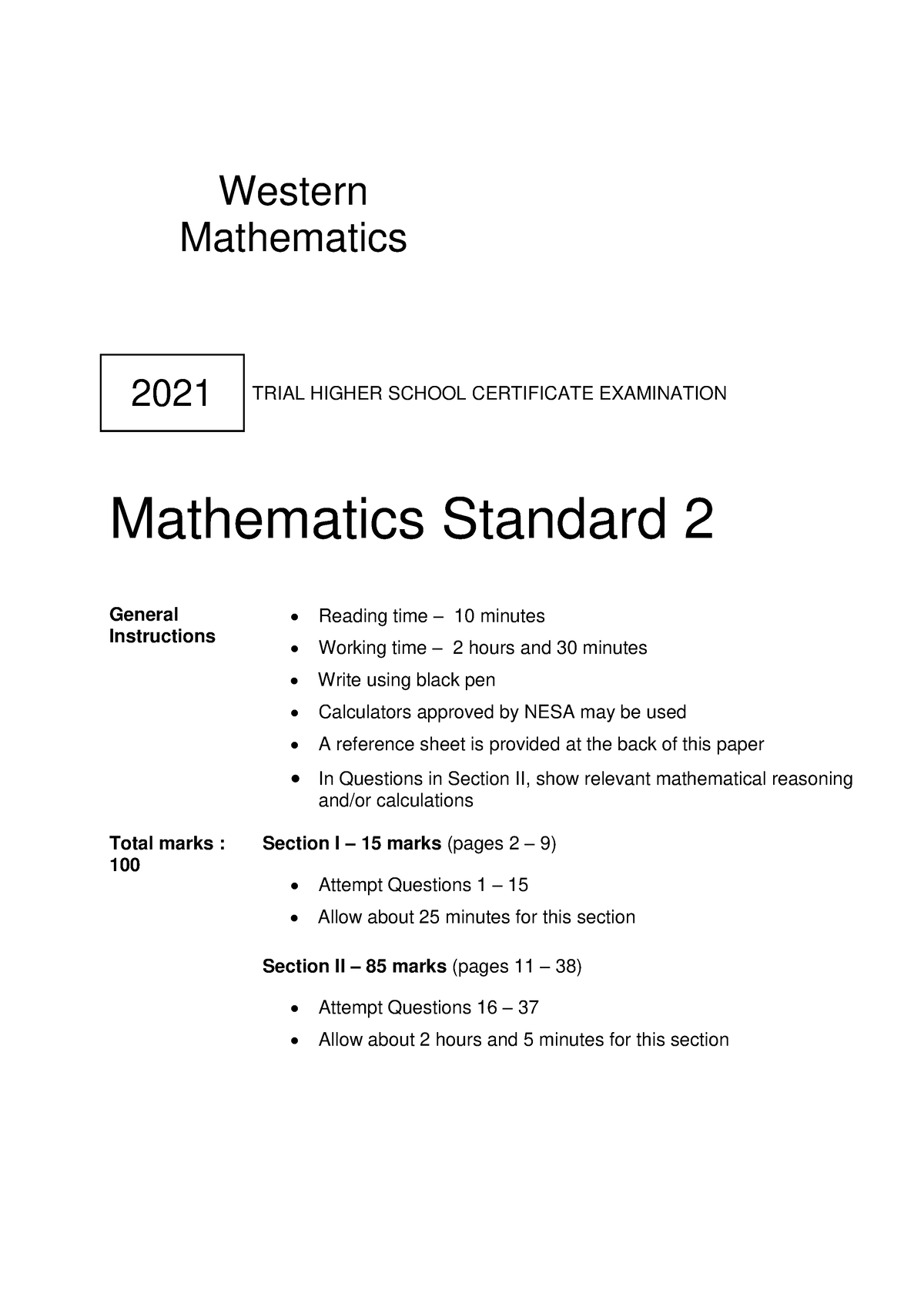 Western Mathematics Standard 2 2021 Western Mathematics 2021 TRIAL