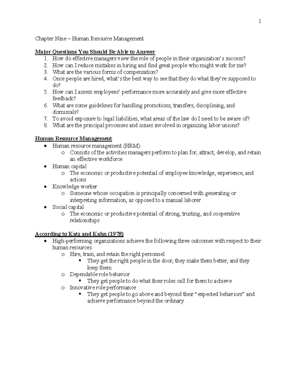 Chapter Nine – Human Resource Management - 1 Chapter Nine – Human ...