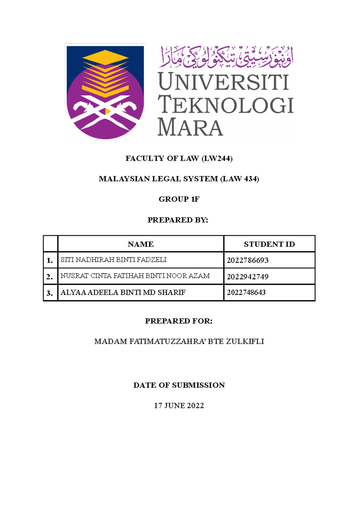 Group Assignment FOR Malaysian Legal System (LAW434) - FACULTY OF LAW ...