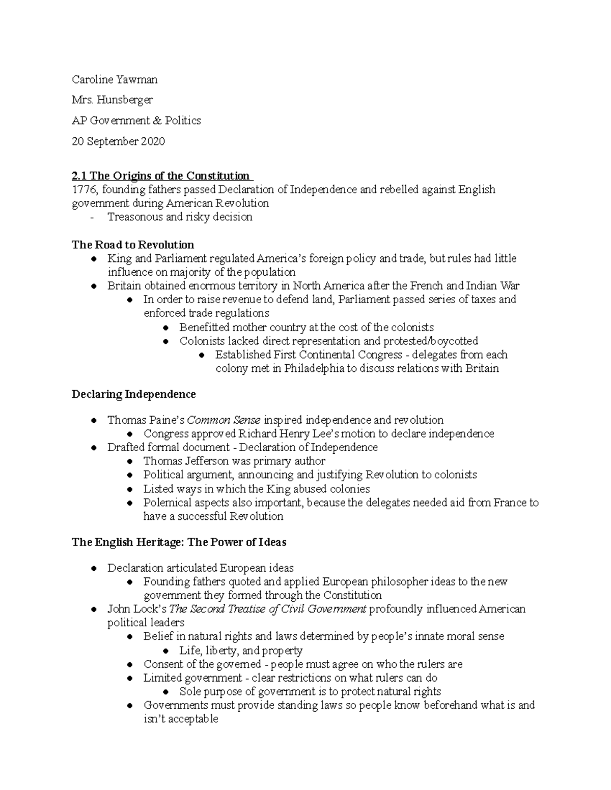 Textbook Chapter 2 Notes - Caroline Yawman Mrs. Hunsberger AP ...