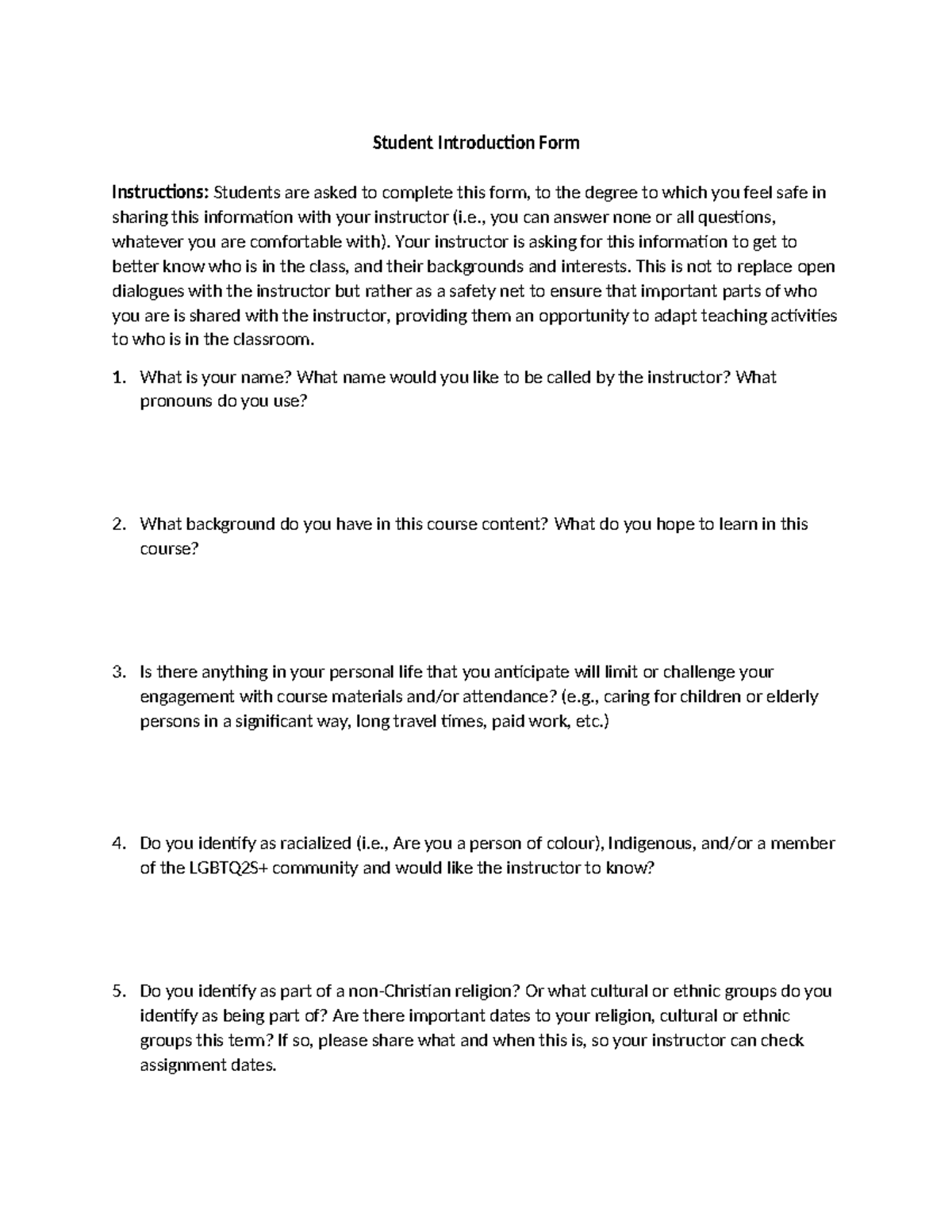 Student Introduction Form - Student Introduction Form Instructions ...