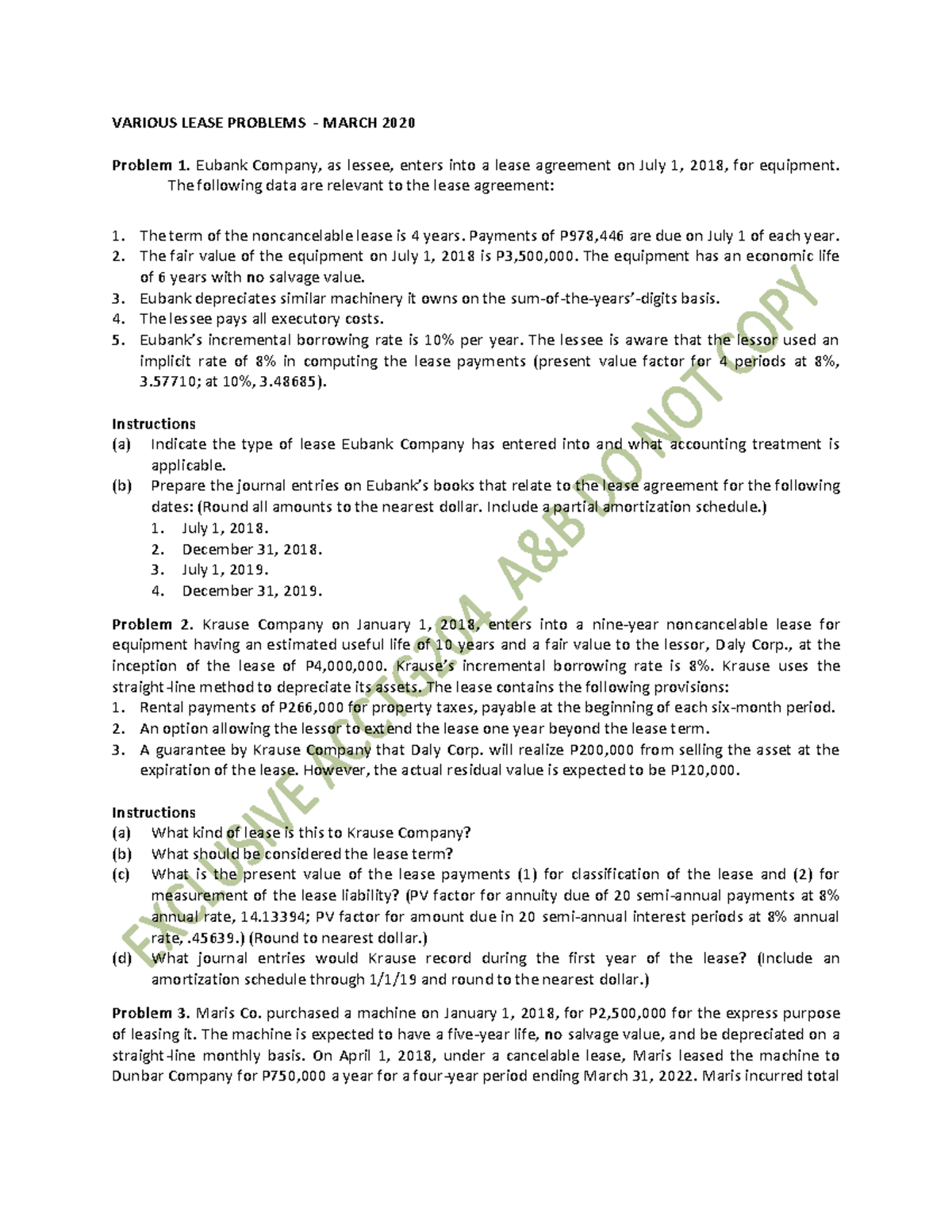 Various Lease Problems VARIOUS LEASE PROBLEMS MARCH 2020 Problem