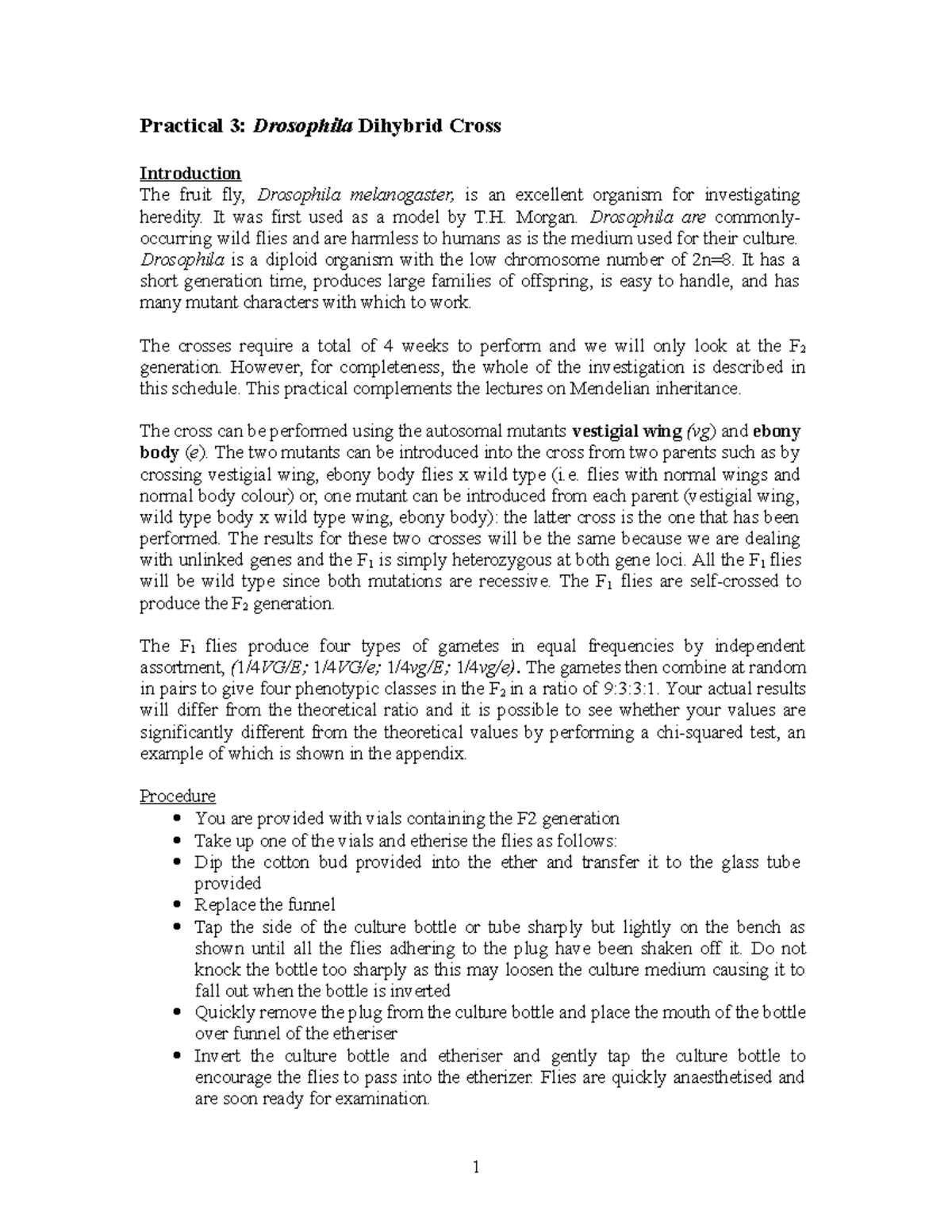 Drosophila report instruction Practical 3 Drosophila Dihybrid Cross