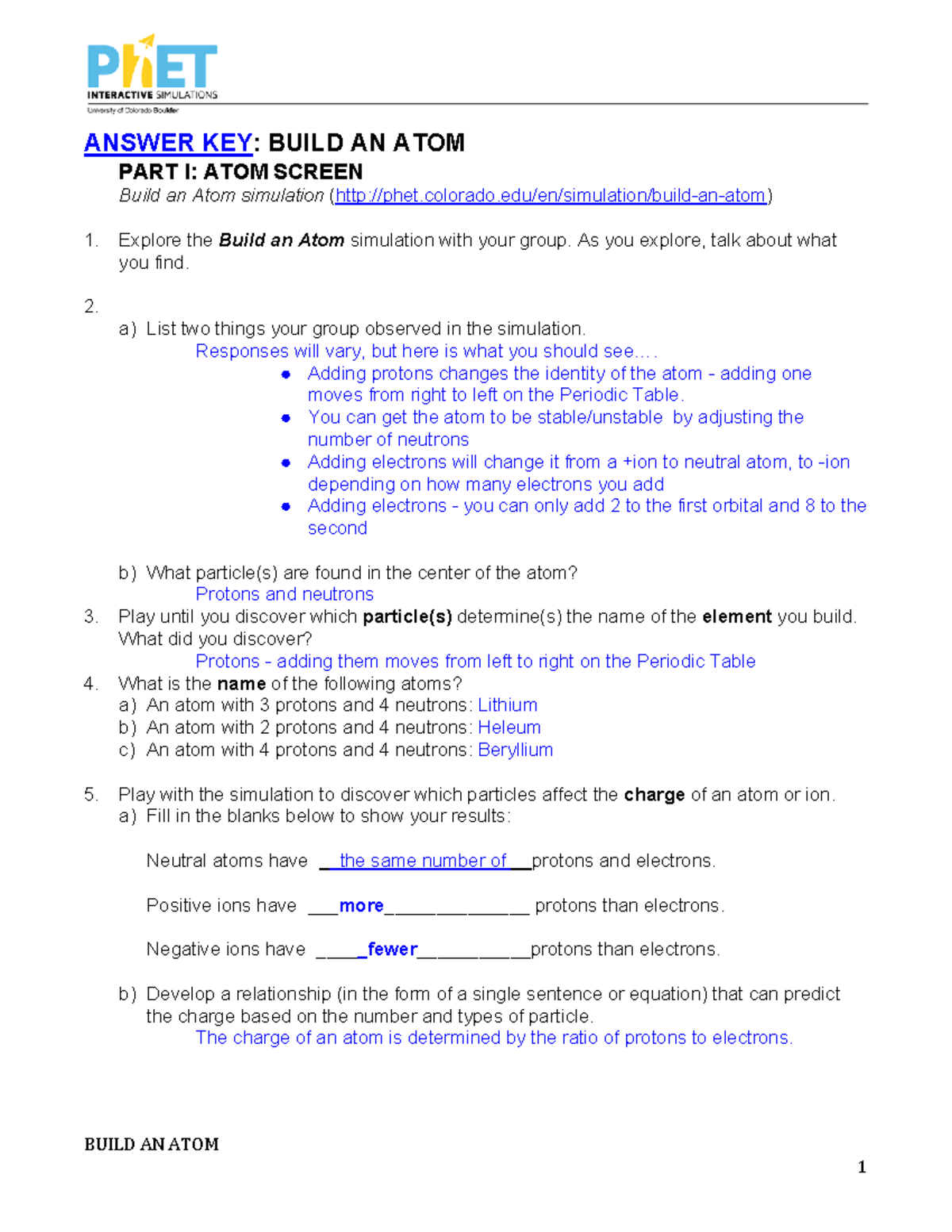 Build An Atom Worksheet Answers Educational Worksheet