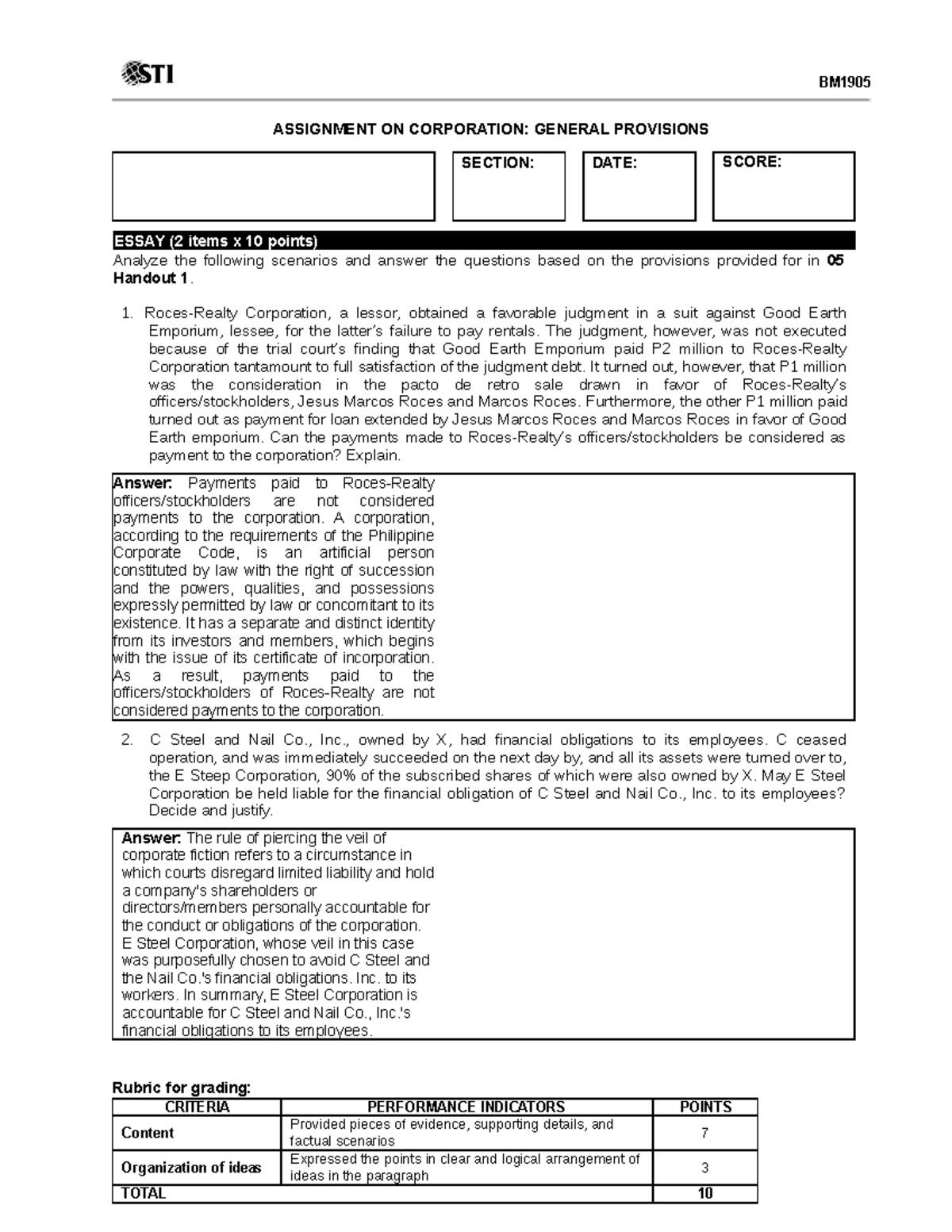05 Assignment 1 - scenario - BM ASSIGNMENT ON CORPORATION: GENERAL ...