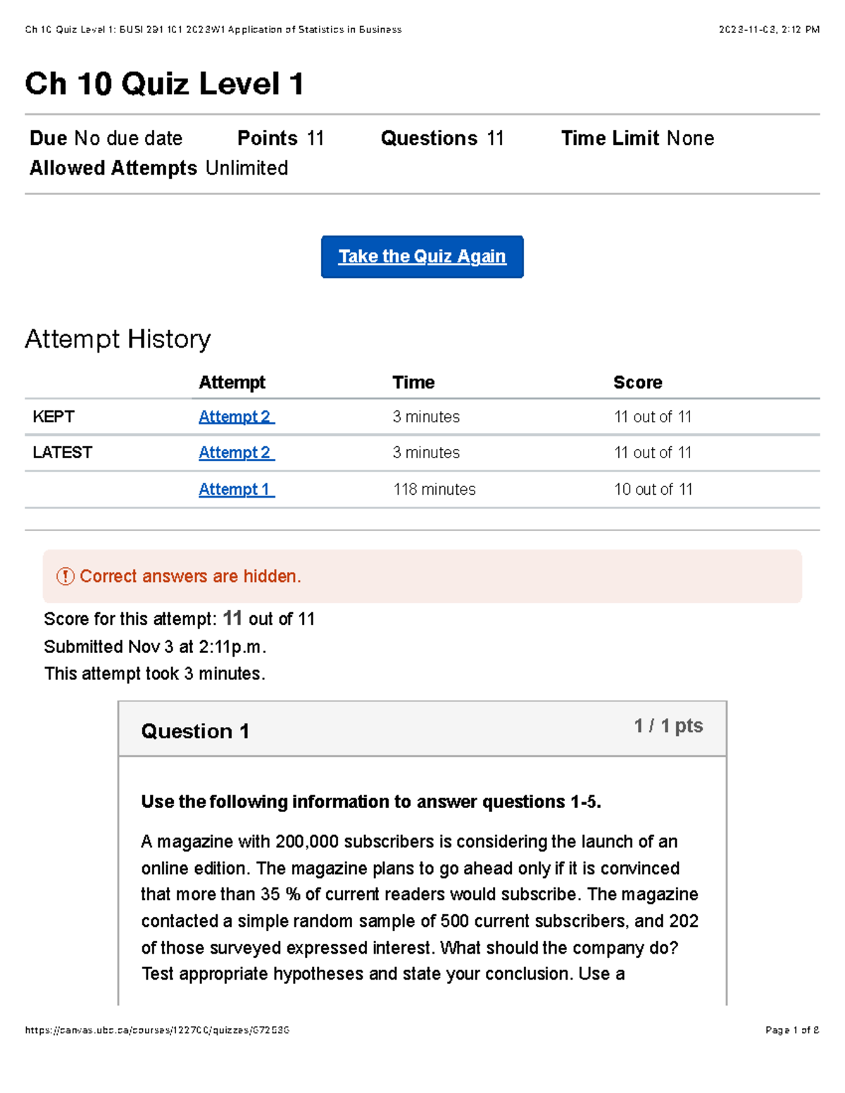 Ch 10 Quiz Level 1: BUSI 291 101 2023W1 Application Of Statistics In ...