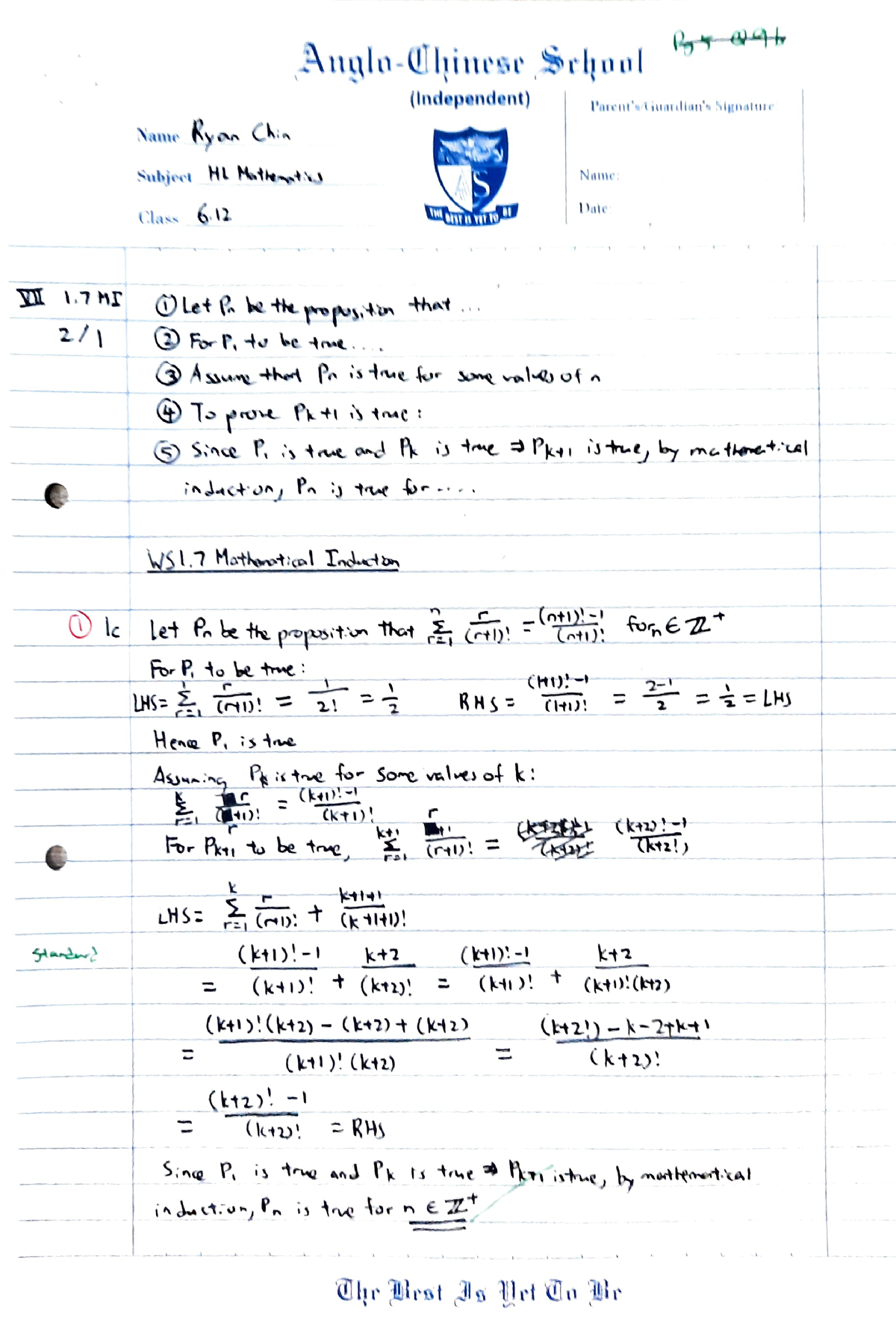 7 Mathematical Induction - Angla-ohinese Srlhuul (independent) 'arent 