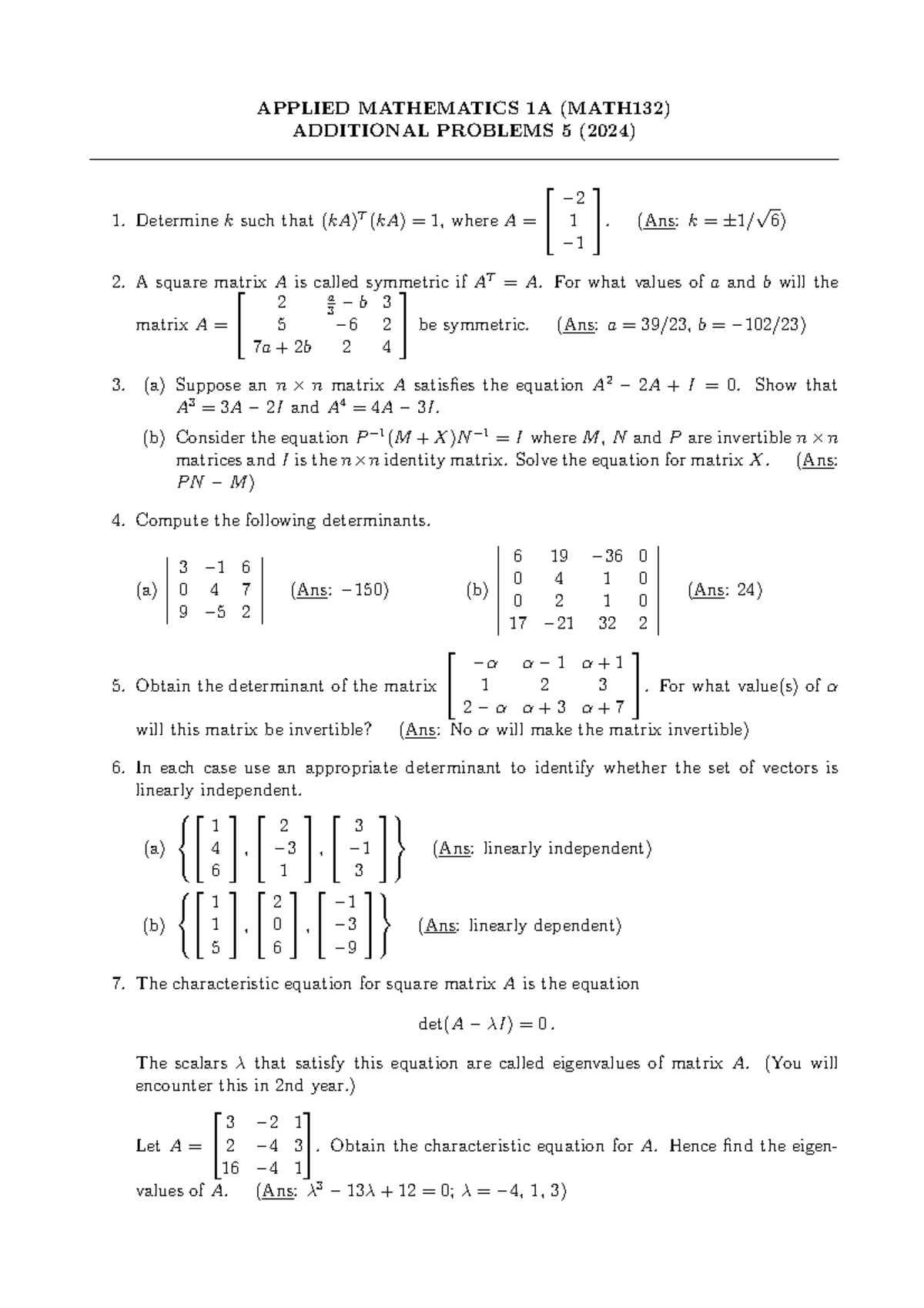 Additional Tutorial Problems 5 (2024) - APPLIED MATHEMATICS 1A (MATH132 ...