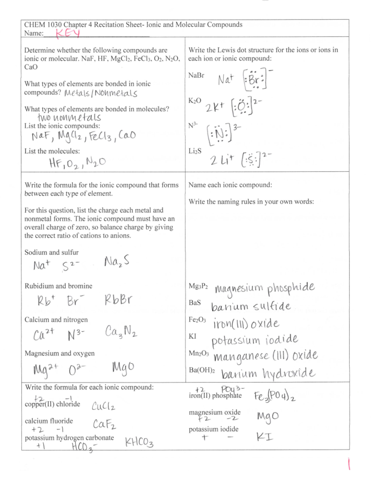 KEY Chp 4 Recitation Sheet - CHEM 1030 - Studocu