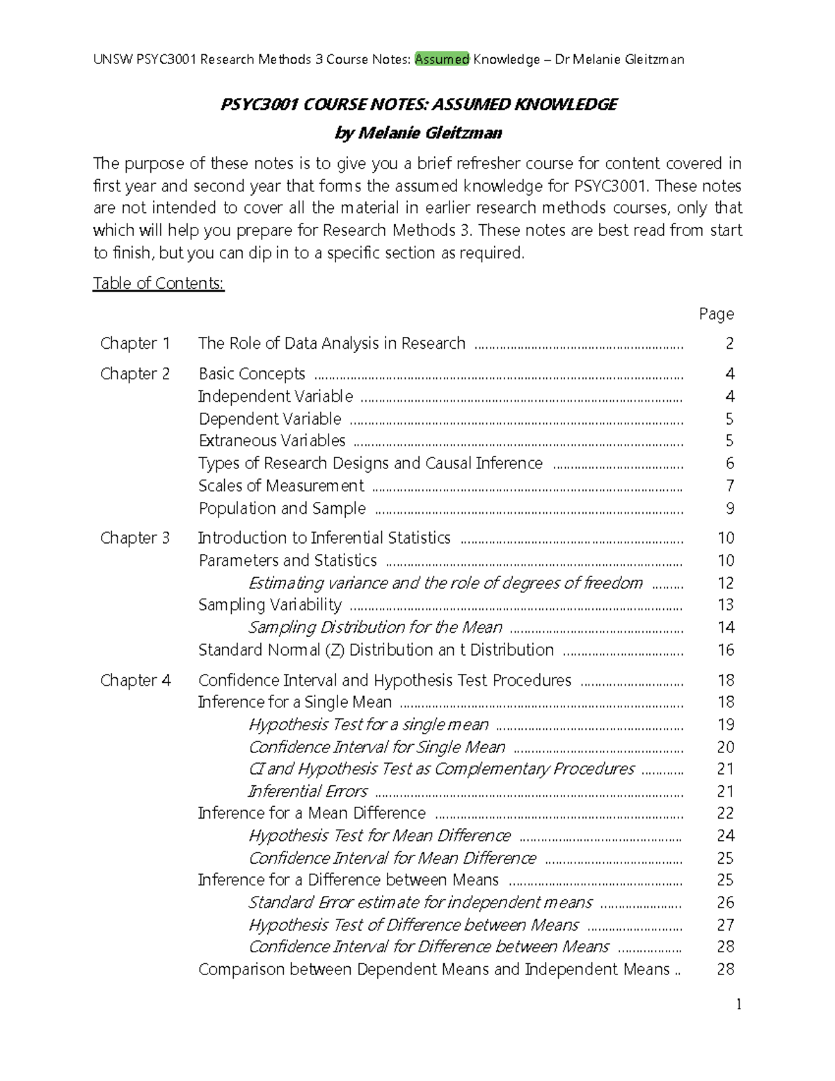 Assumed Knowledge for PSYC3001 - These notes are not intended to cover ...