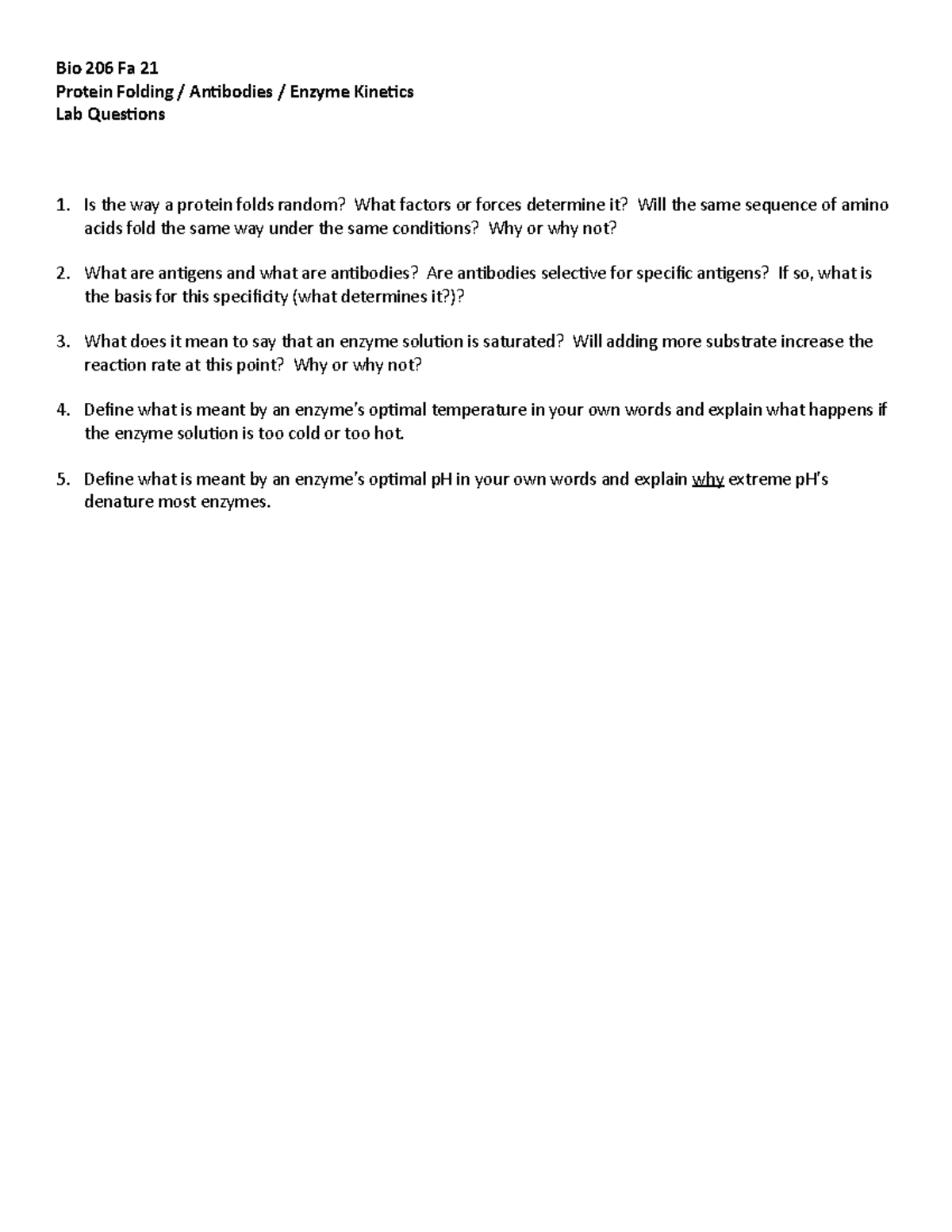 Protein Folding Antibodies Enzyme Questions Bio 206 Fa 21
